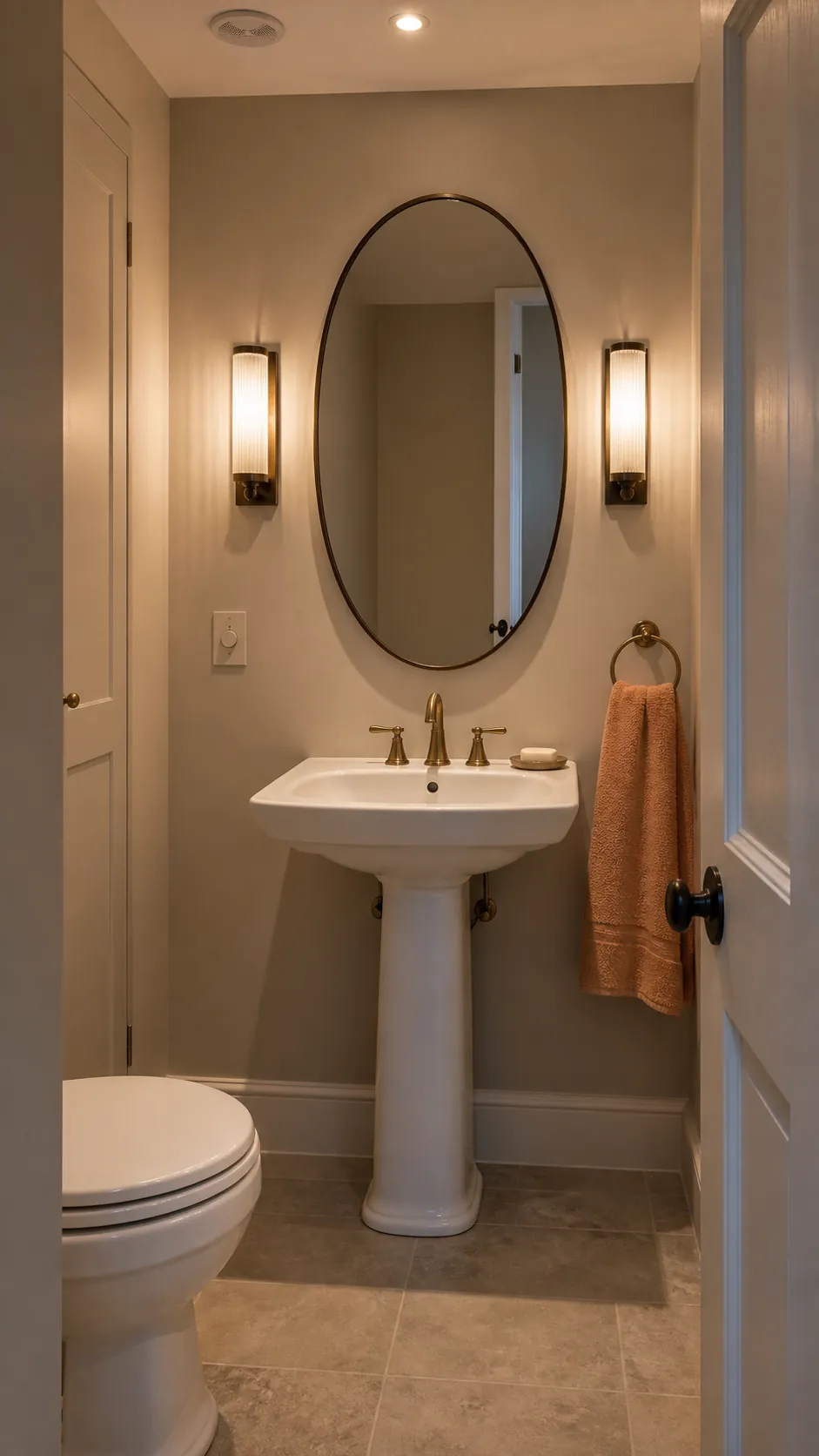 Elegant pedestal sink with two face-friendly sconces beside the mirror