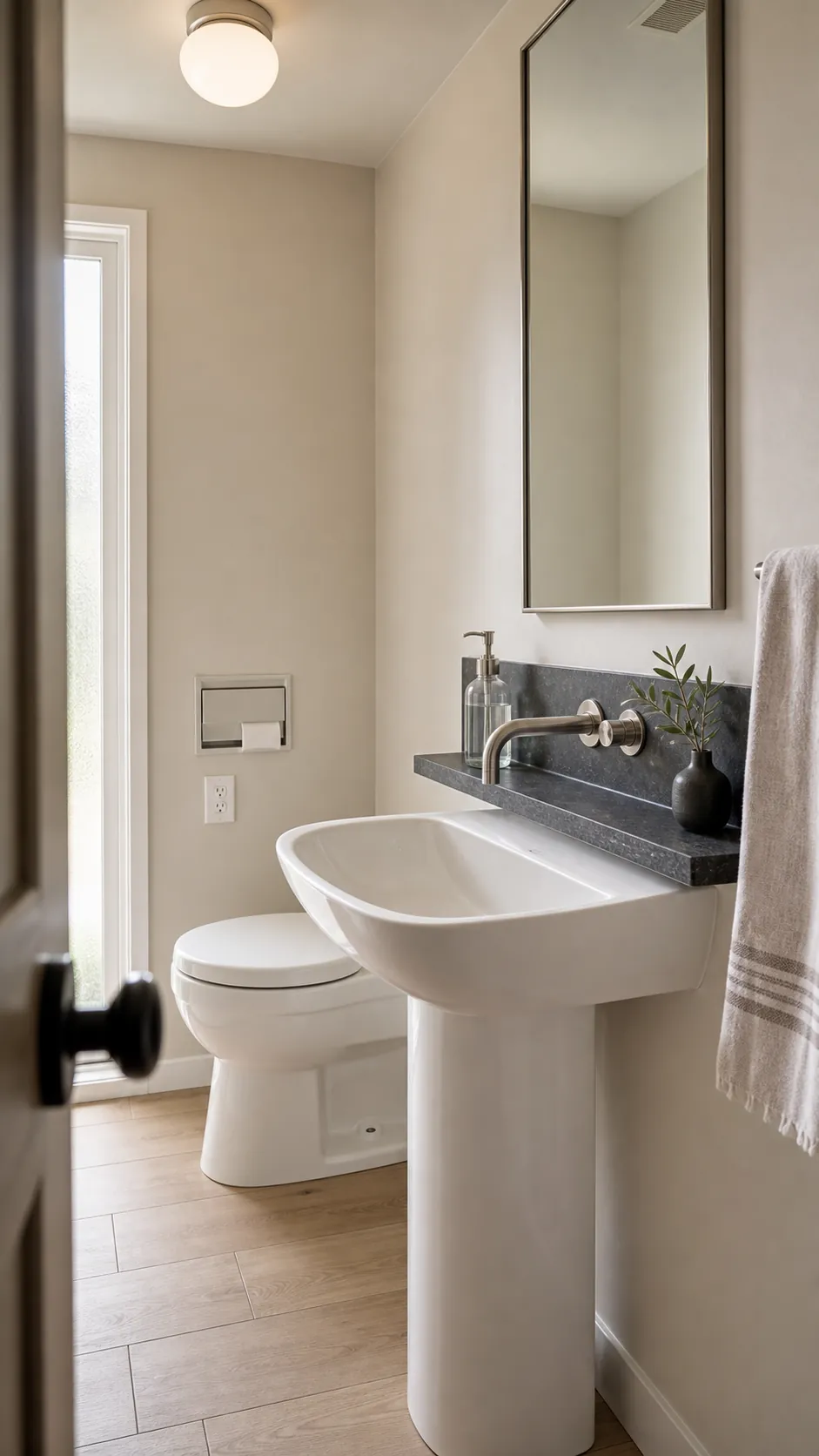 Pedestal sink with a shallow stone ledge holding soap in a tiny half bathroom