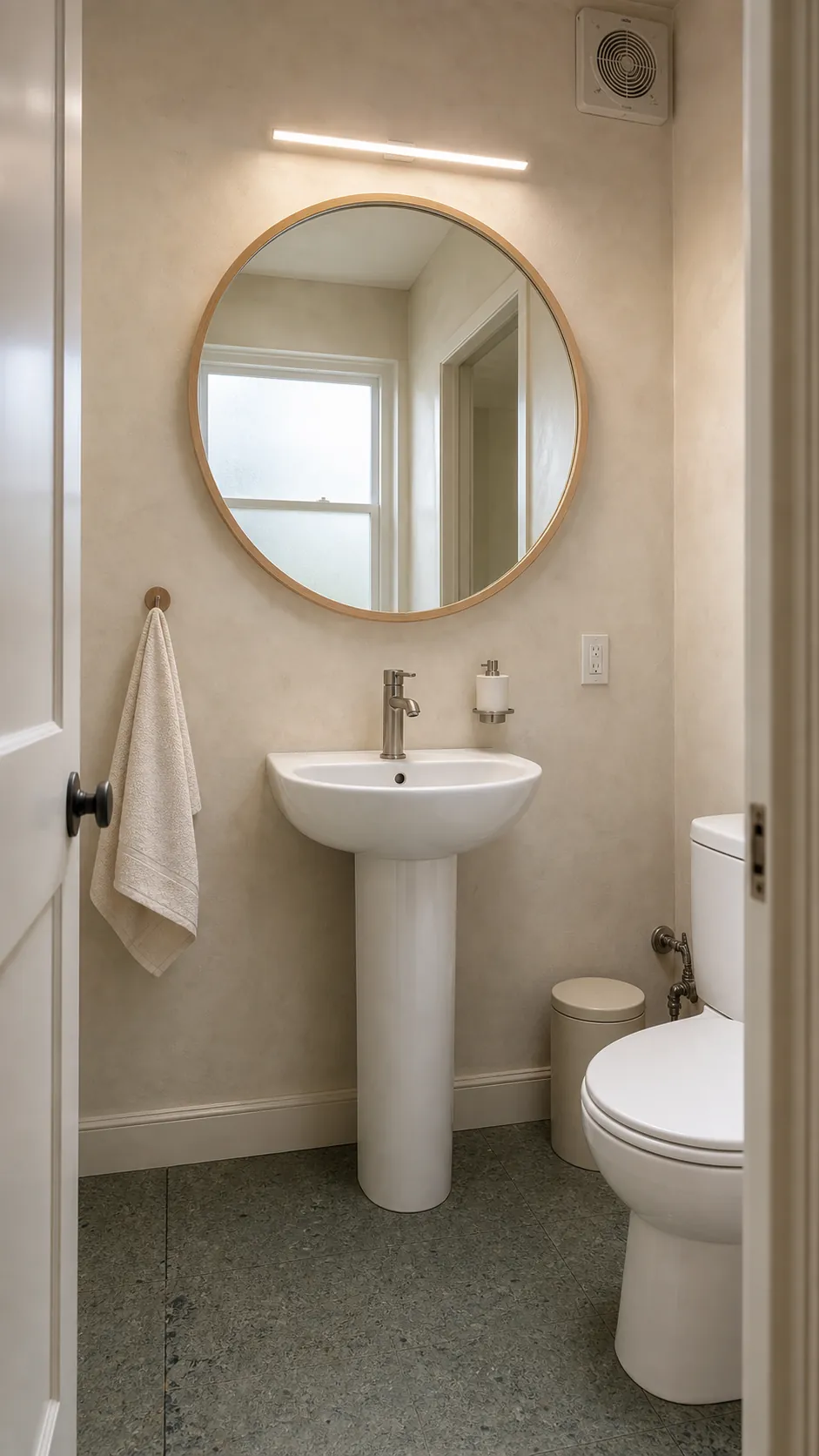 Large round mirror balancing a white pedestal sink in a powder room