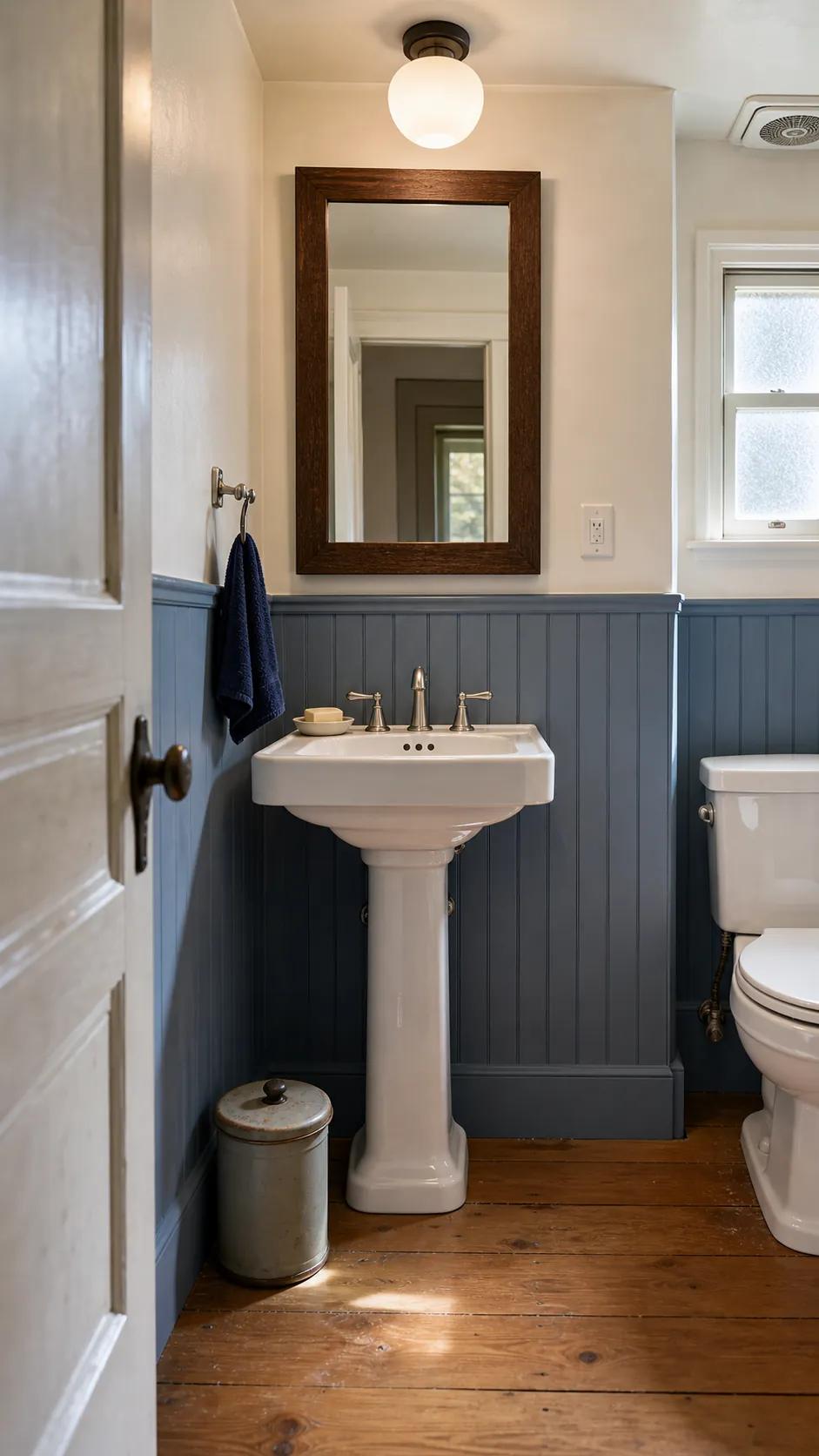 Pedestal sink with painted beadboard in a small traditional half bathroom