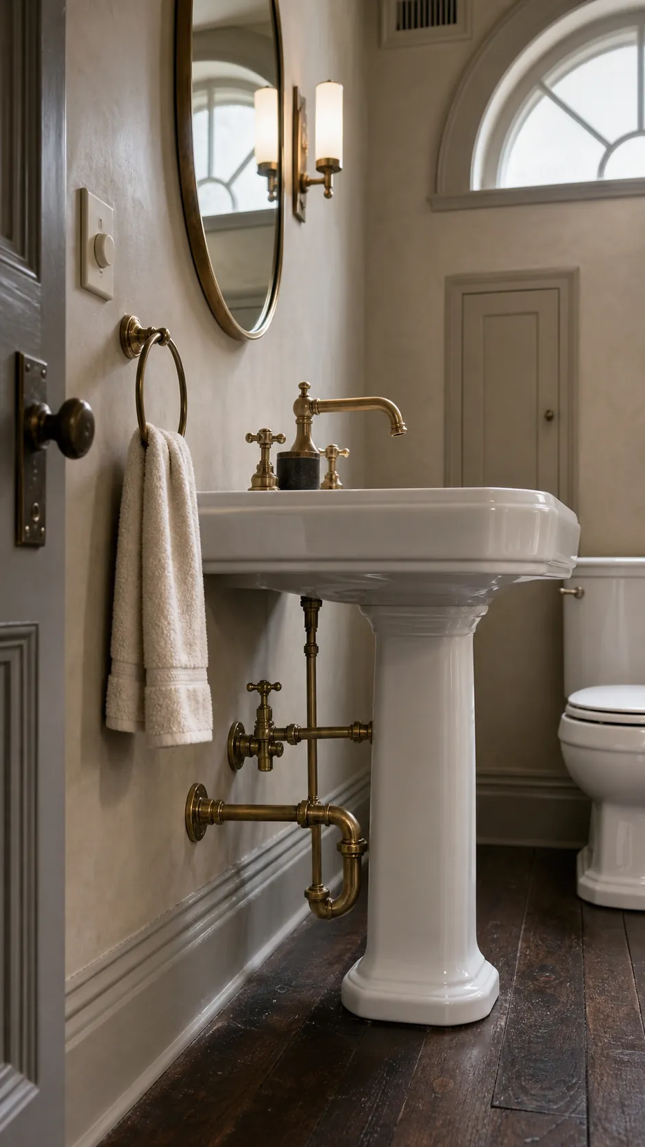 Pedestal sink with neatly coordinated exposed brass plumbing and fixtures