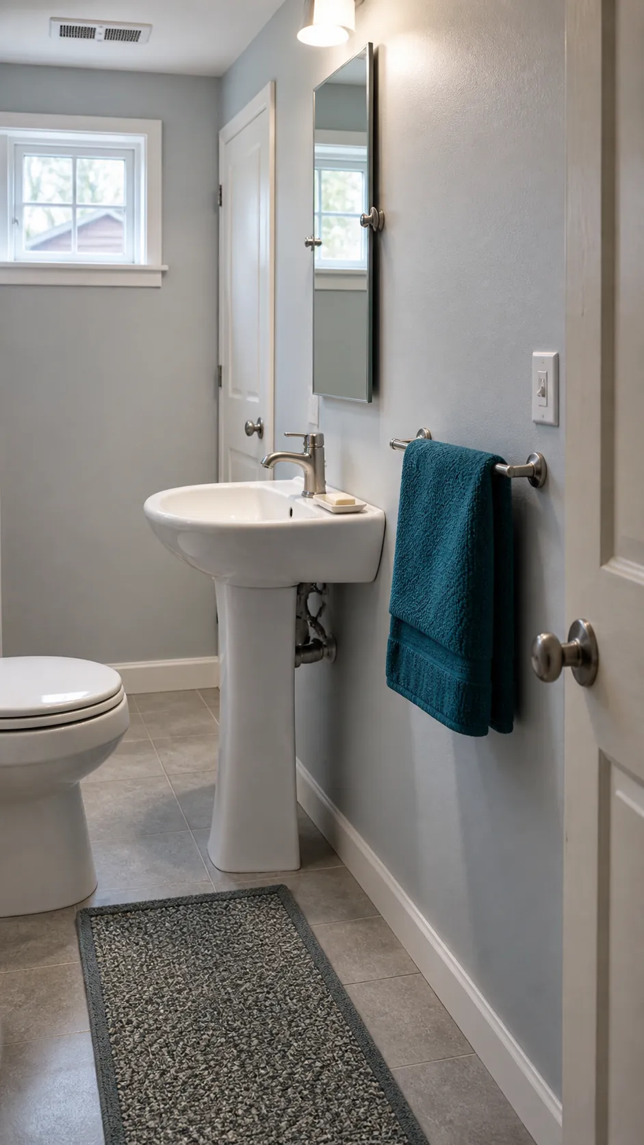 Pedestal sink with a tidy hand towel rail mounted on the adjacent wall