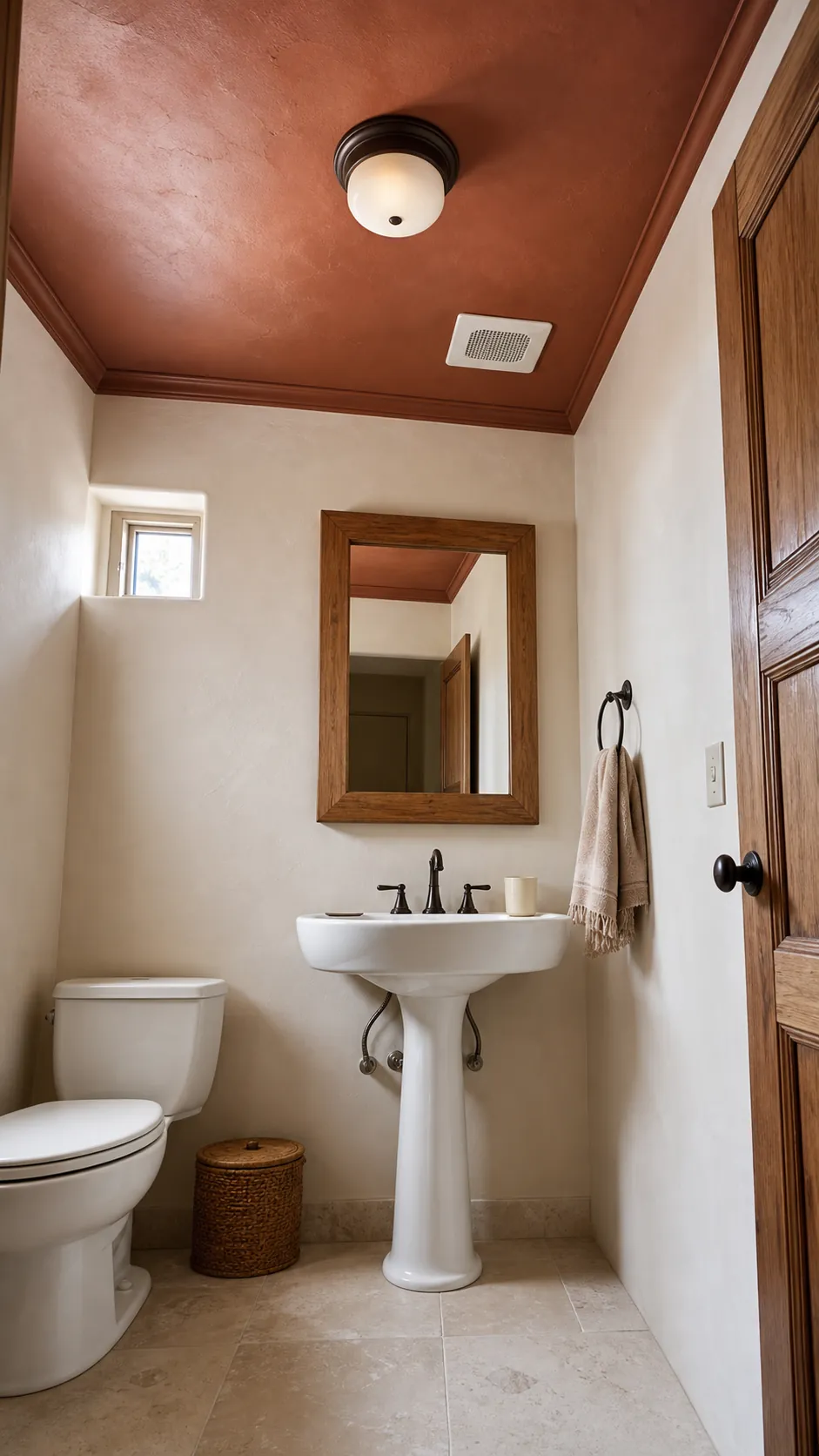 Half bathroom with a pedestal sink and a richly painted ceiling