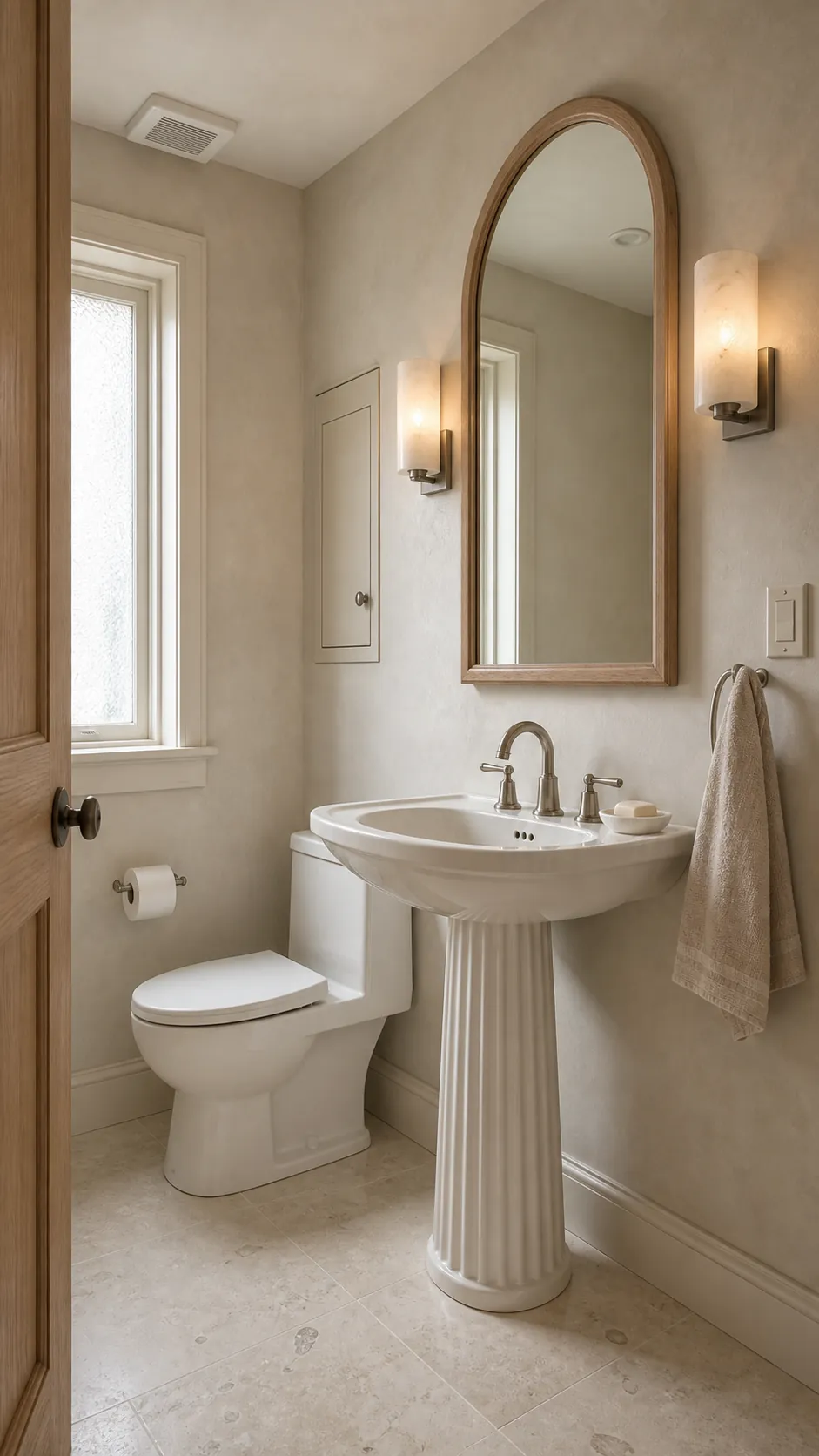 Elegant half bath with a pedestal sink in a quiet cream and stone tonal palette