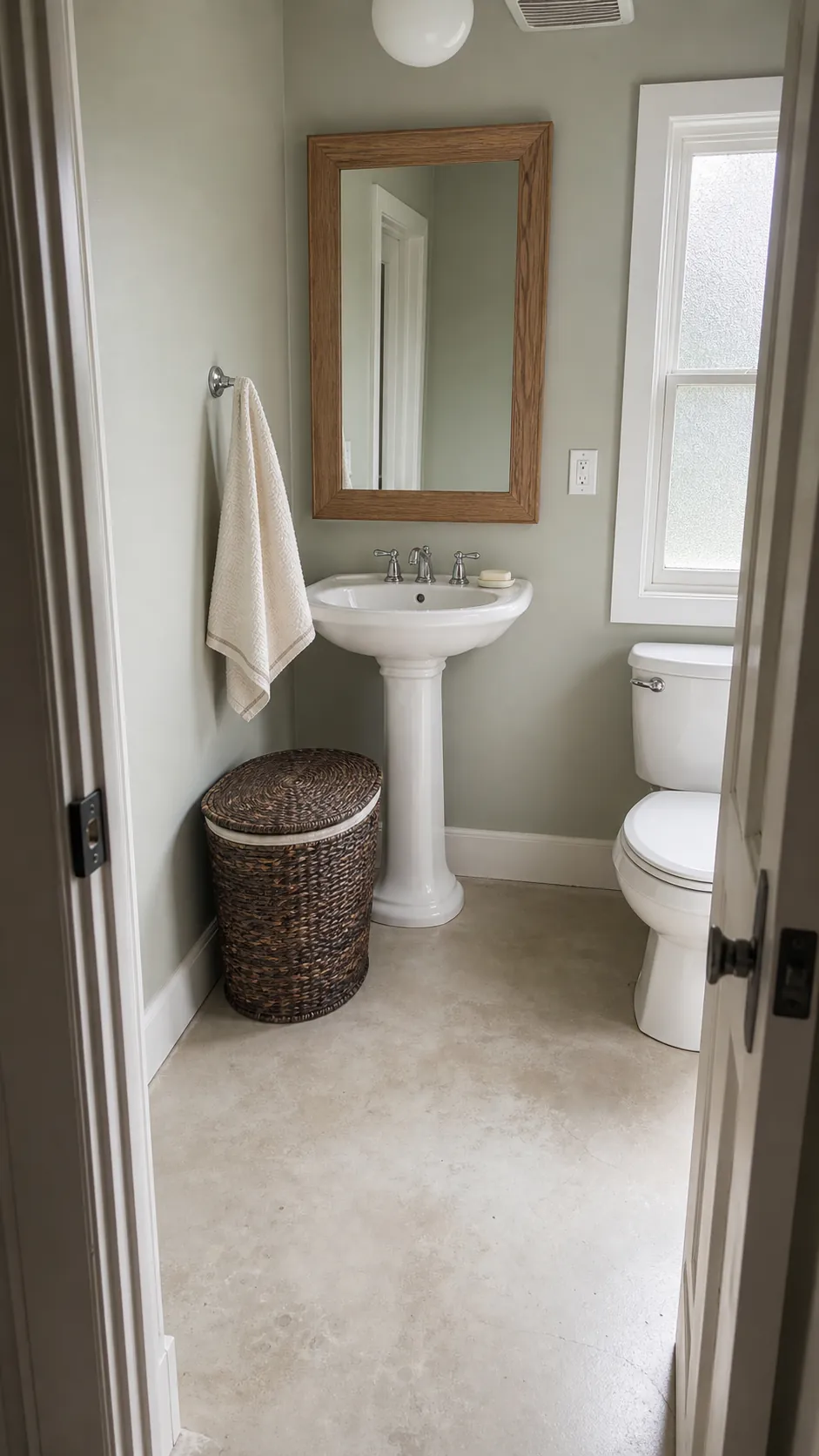 Pedestal sink half bath with one lidded basket for tidy guest supplies