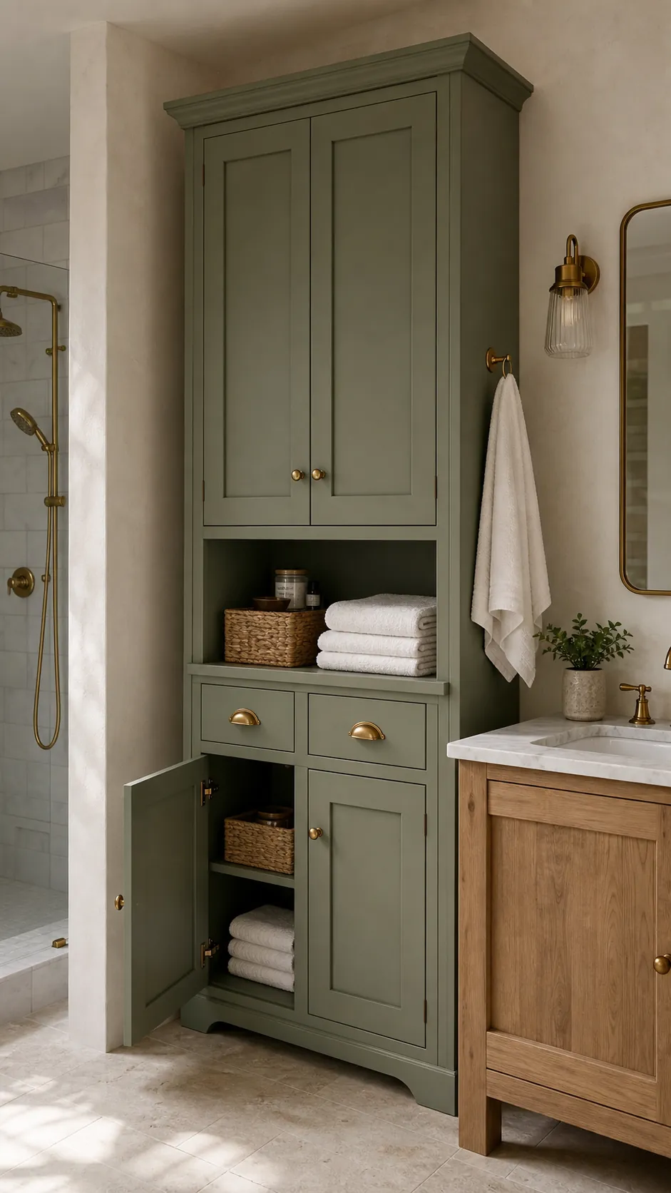 Decorative bathroom storage cabinet with towels and concealed daily supplies