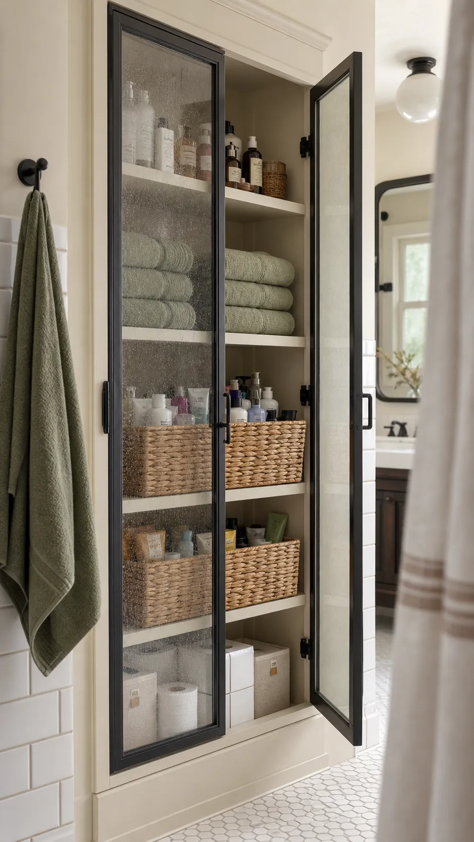 Glass-door bathroom cabinet with baskets and folded towels behind the doors