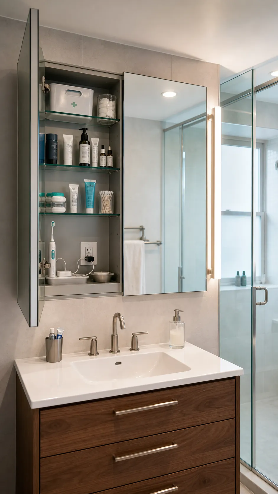 Recessed mirrored medicine cabinet with organized adjustable shelves