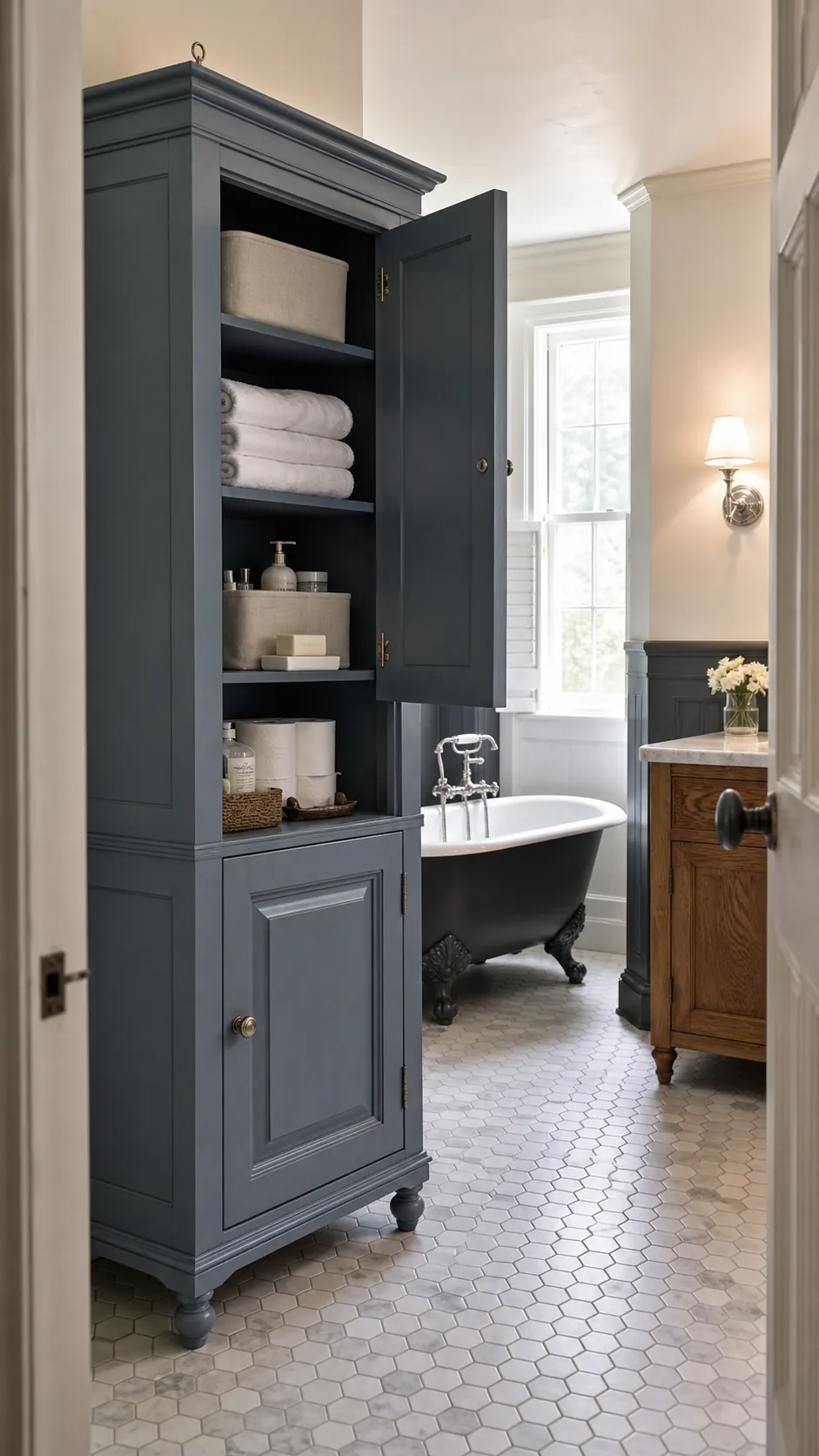 Furniture-style linen cabinet with inset doors and bathroom towel storage