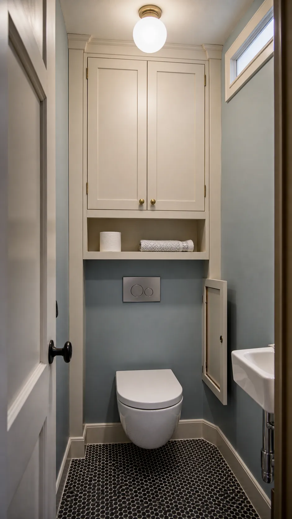 Built-in decorative storage cabinet above a bathroom toilet