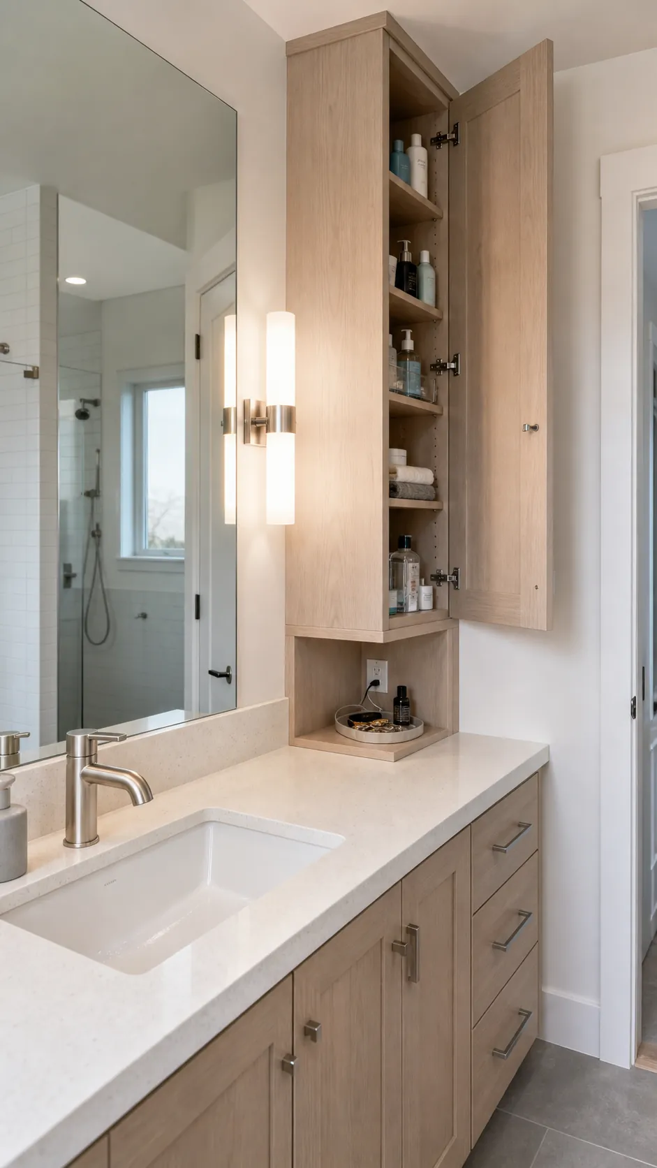 Counter-to-ceiling bathroom vanity storage tower with shallow organized shelves