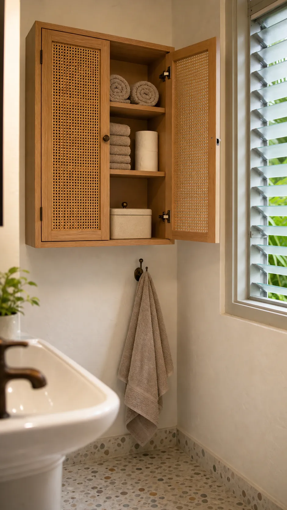 Wall-mounted bathroom cabinet with warm cane-front doors