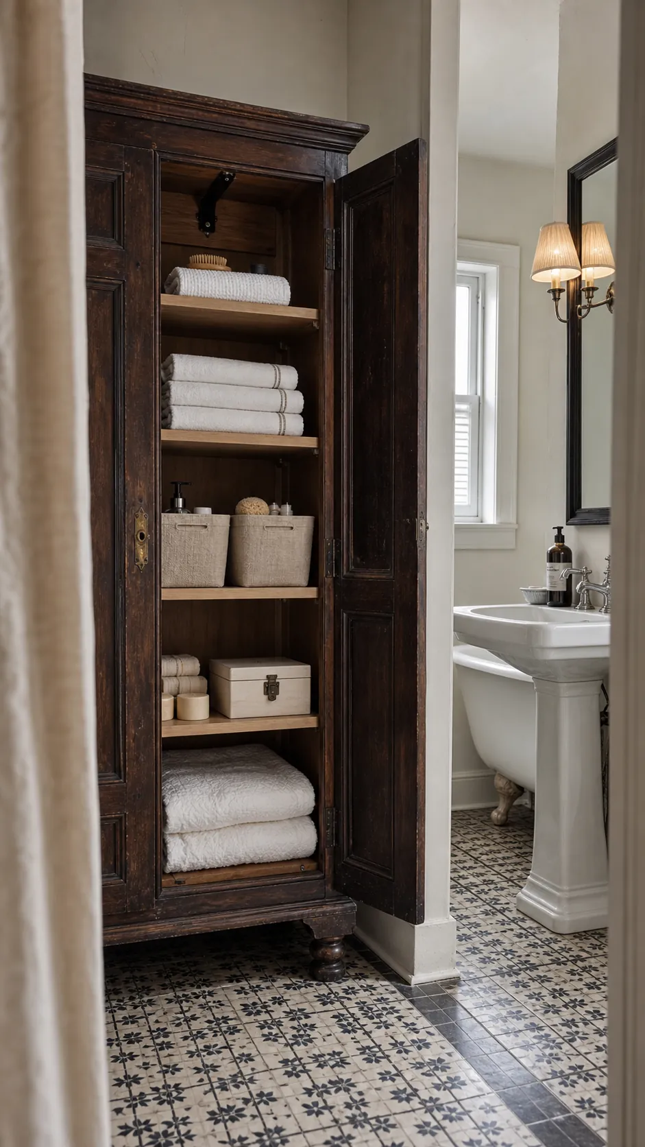 Slim antique armoire converted into decorative bathroom storage
