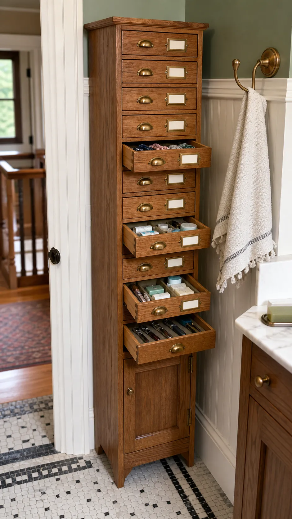 Slim apothecary-style bathroom cabinet with shallow labeled storage drawers