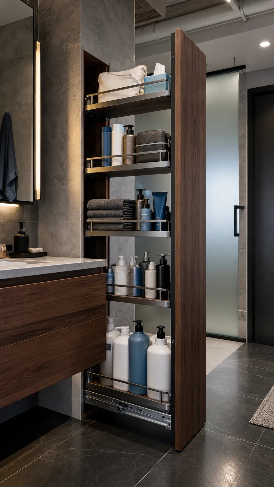 Tall narrow pull-out bathroom storage cabinet beside a vanity
