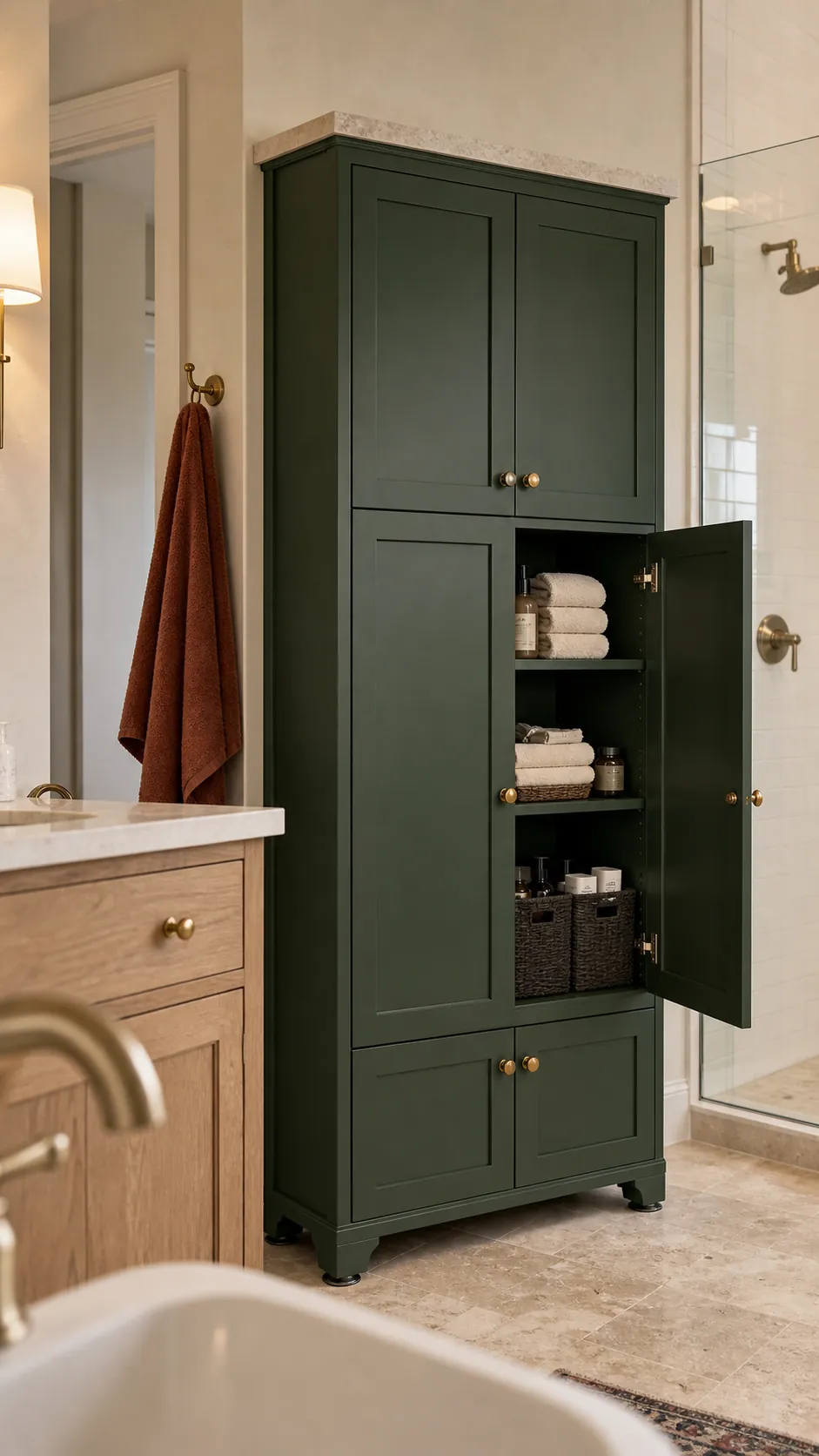 Deep green decorative bathroom storage cabinet in a neutral room