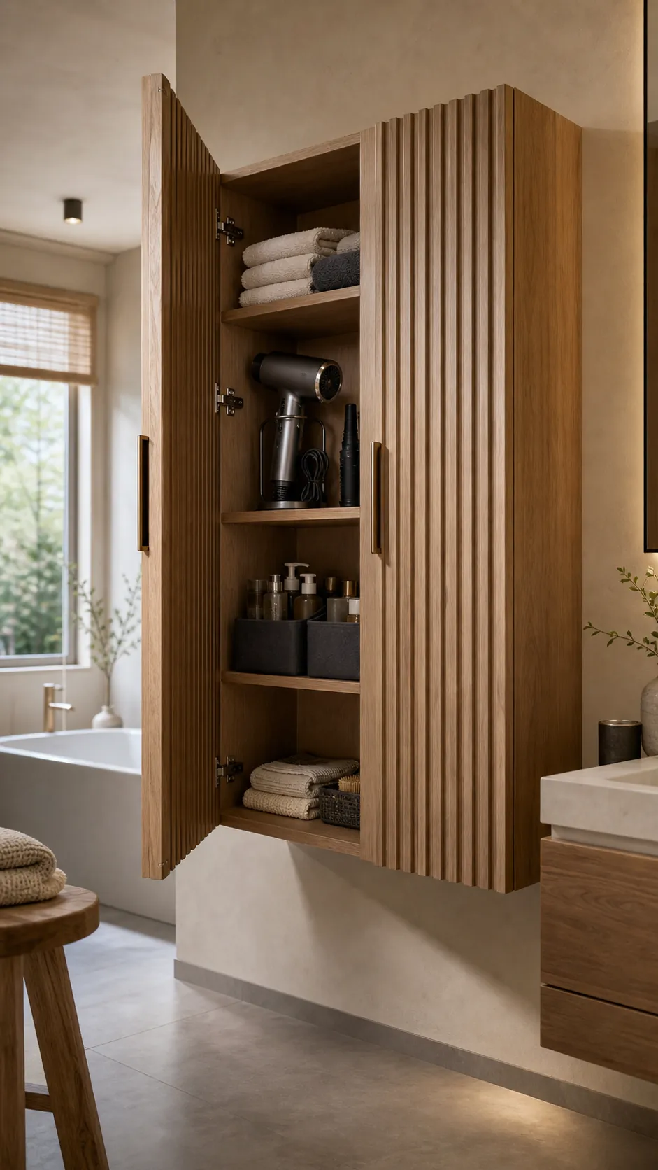 Wall-hung bathroom storage cabinet with practical fluted doors