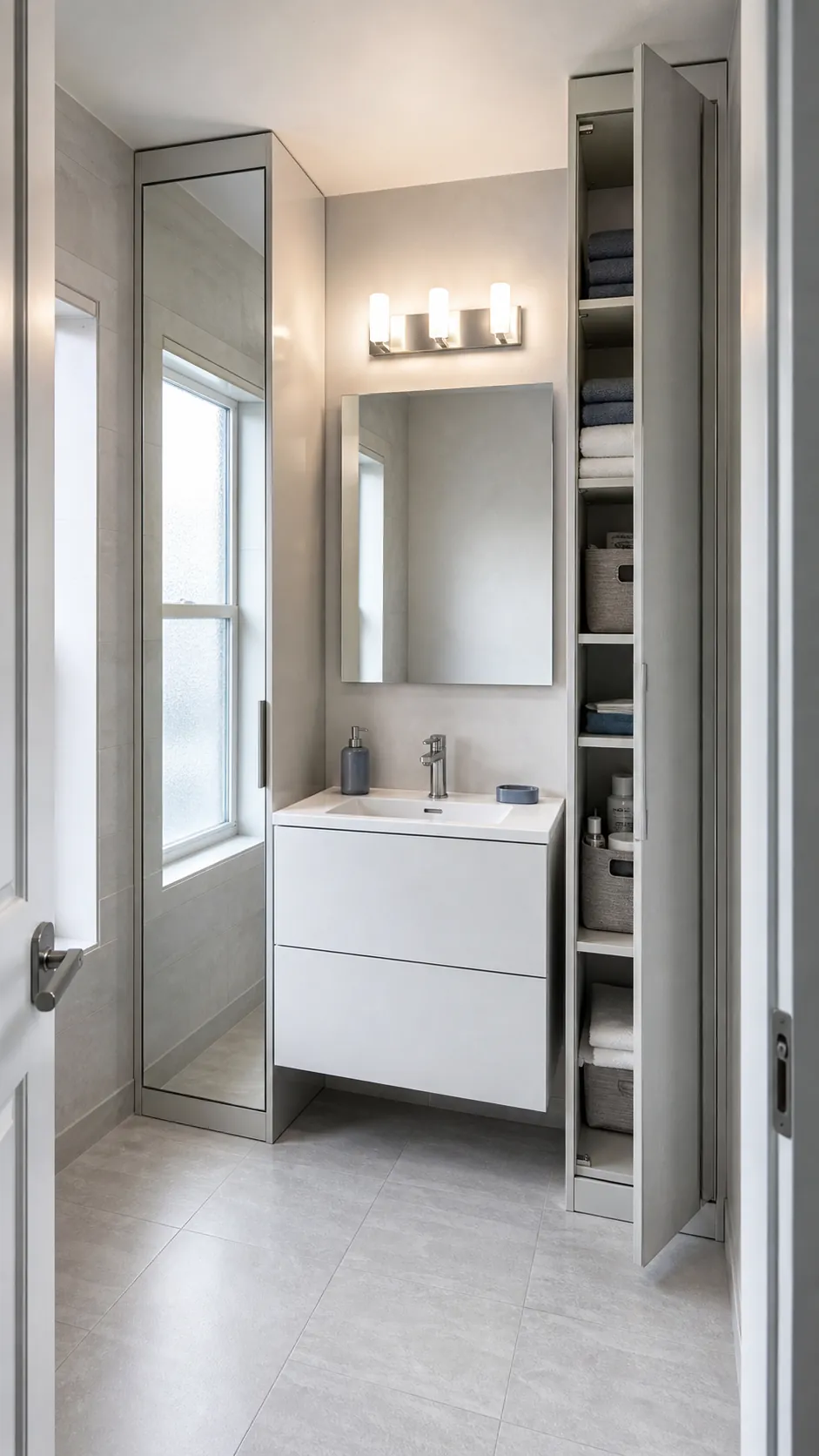 Tall mirror-front bathroom cabinets reflecting soft natural light