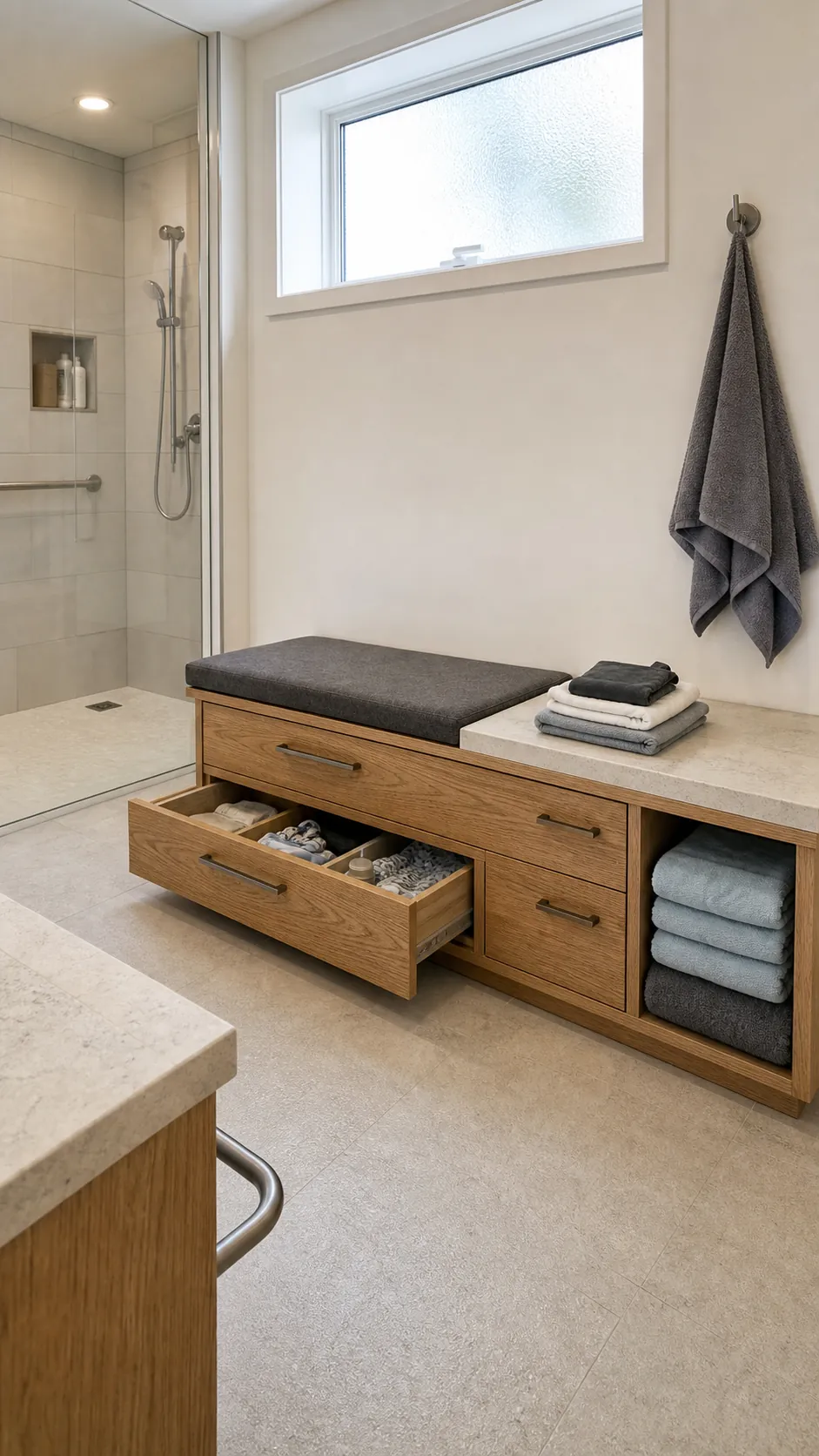 Bench-height bathroom cabinet with drawers and folded towel storage