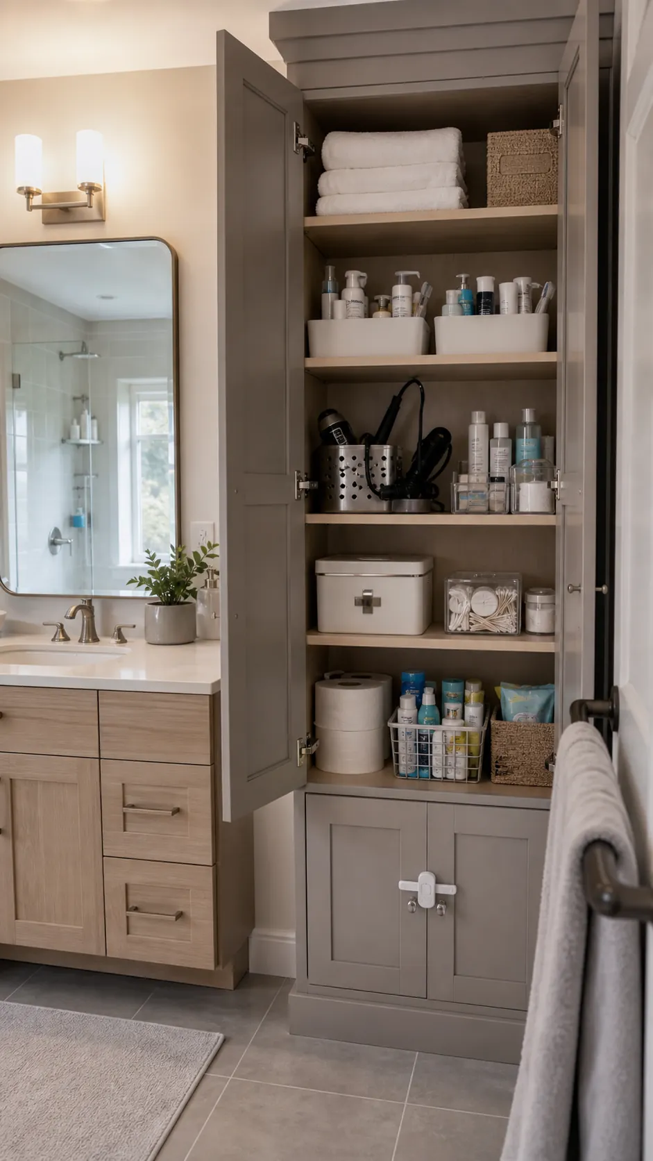 Decorative bathroom cabinet organized by real daily routines and categories