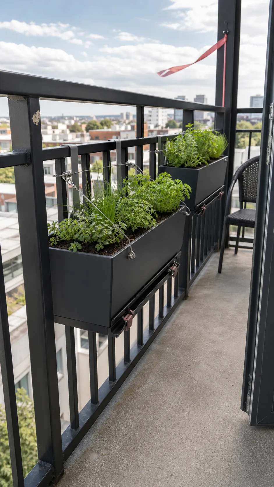 Secure herb planter boxes mounted inside a balcony railing