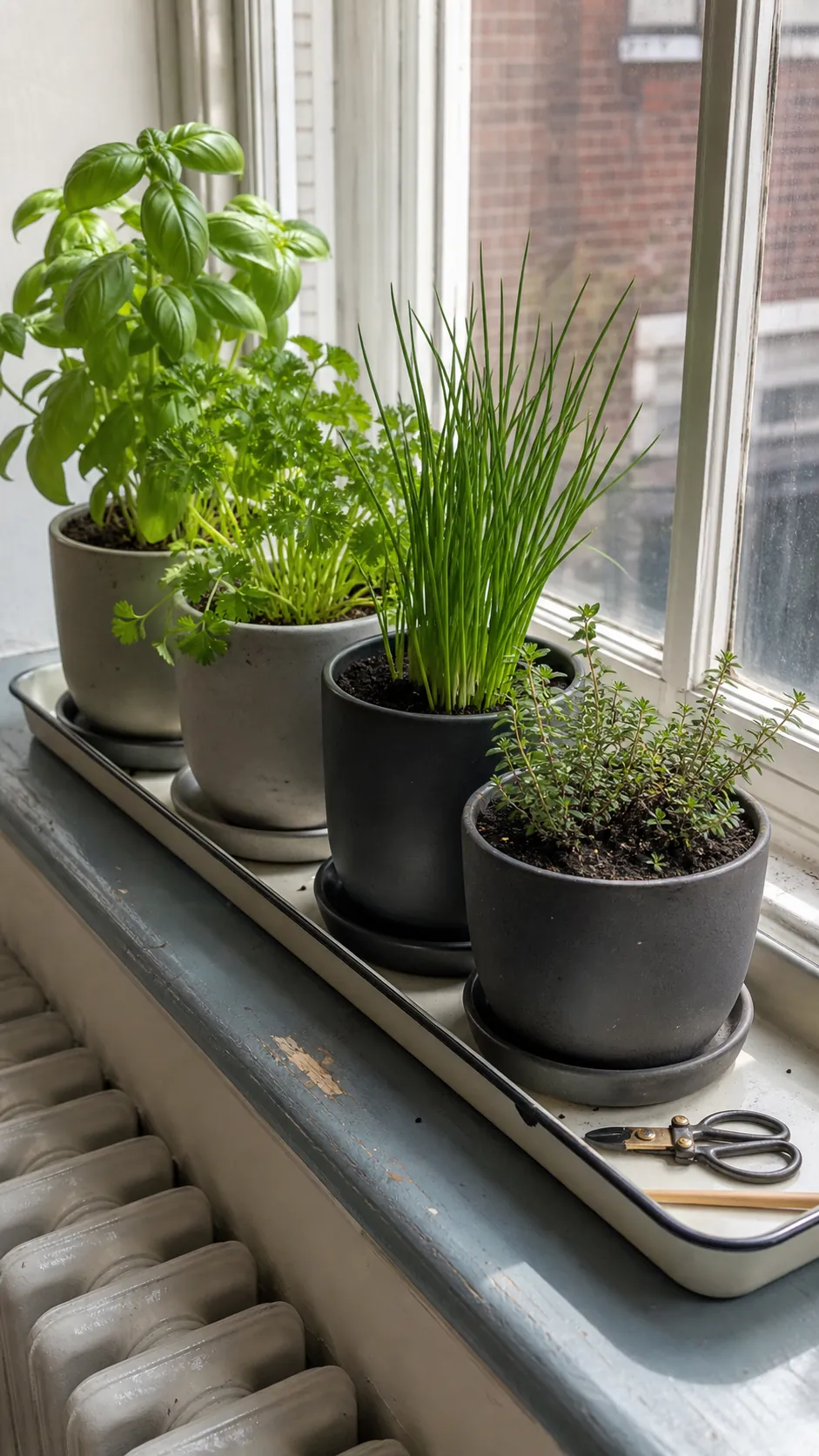Sunny windowsill herb garden with individual draining pots