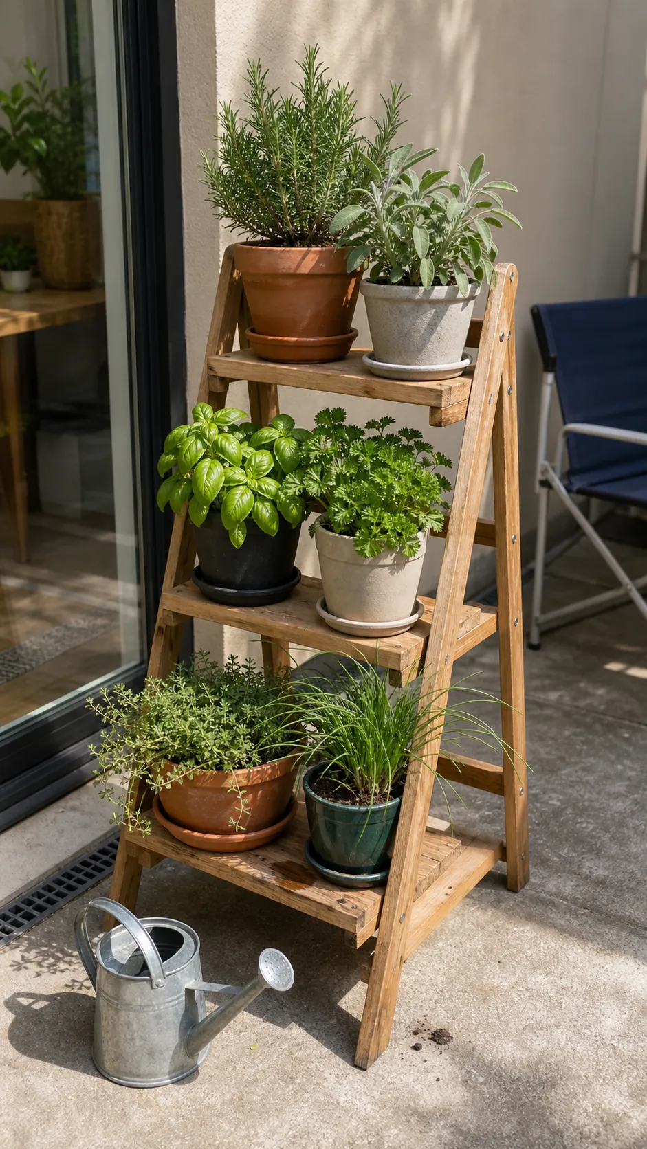 Tiered ladder herb garden arranged on a compact patio