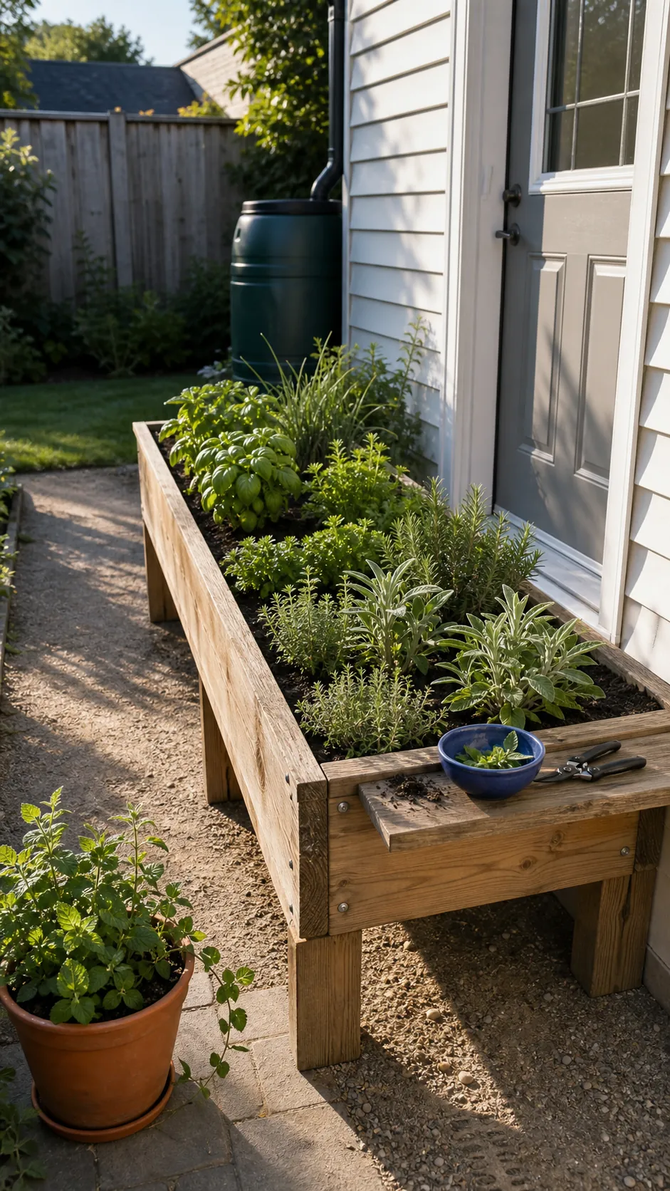 Reachable raised herb garden bed located beside a back door