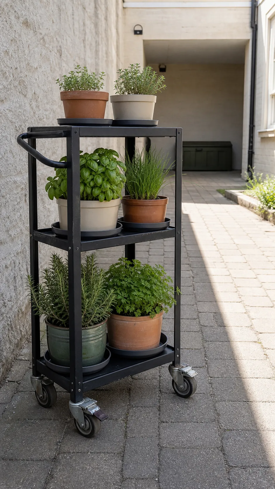 Mobile rolling cart holding potted culinary herbs