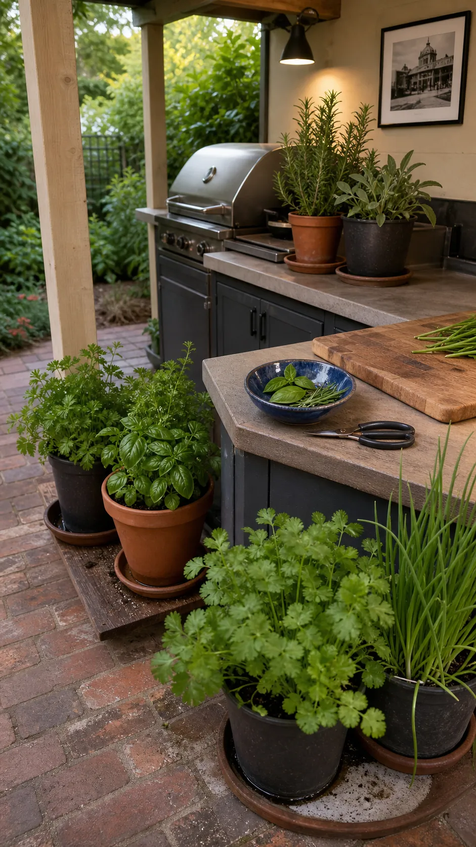 Potted culinary herbs grouped beside an outdoor cooking area