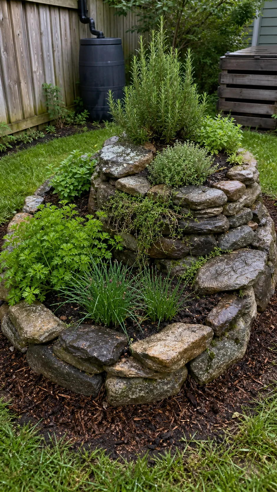 Stone herb spiral planted in distinct moisture zones