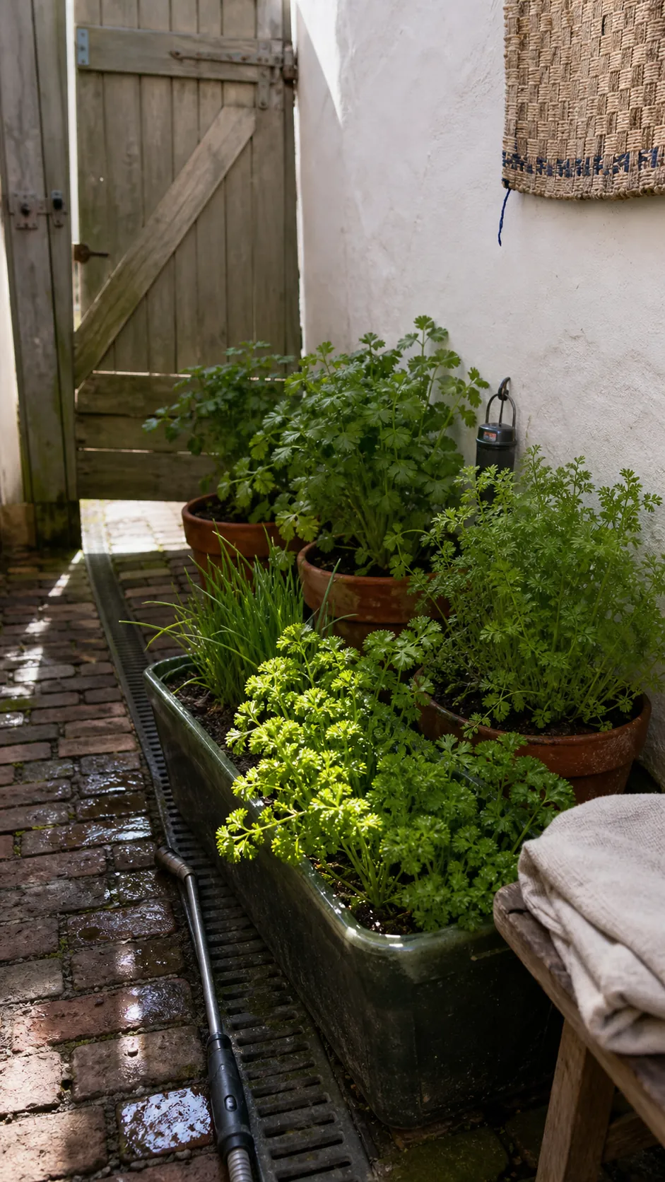 Parsley chives and cilantro growing in gentle morning light