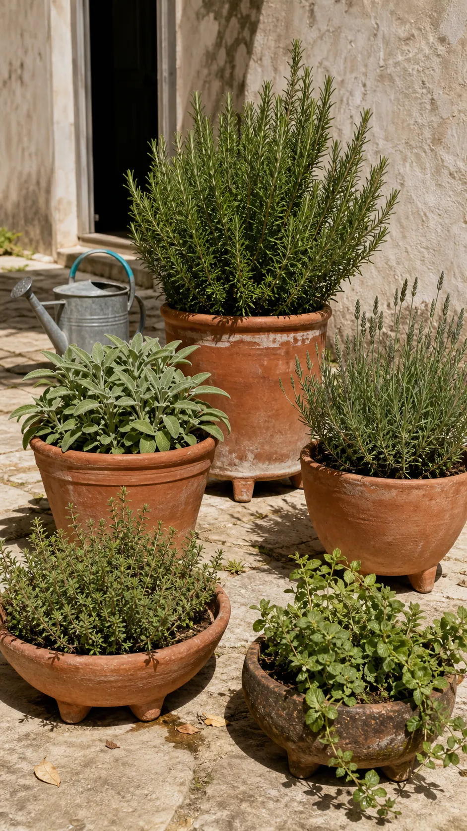 Terracotta pots of rosemary sage thyme and oregano on a sunny patio