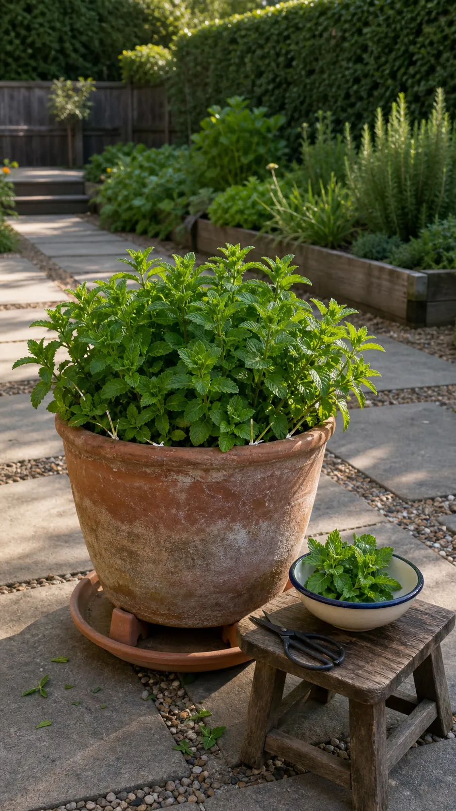 Healthy mint contained in its own large pot on paving