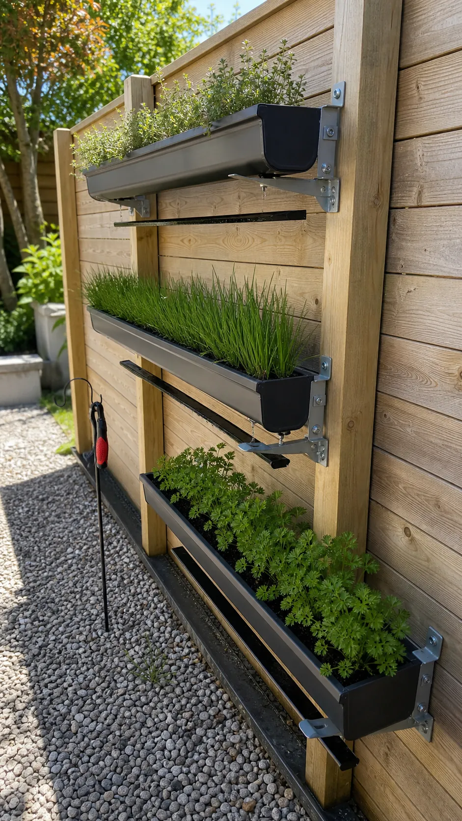 Secure short gutter planters filled with compact herbs