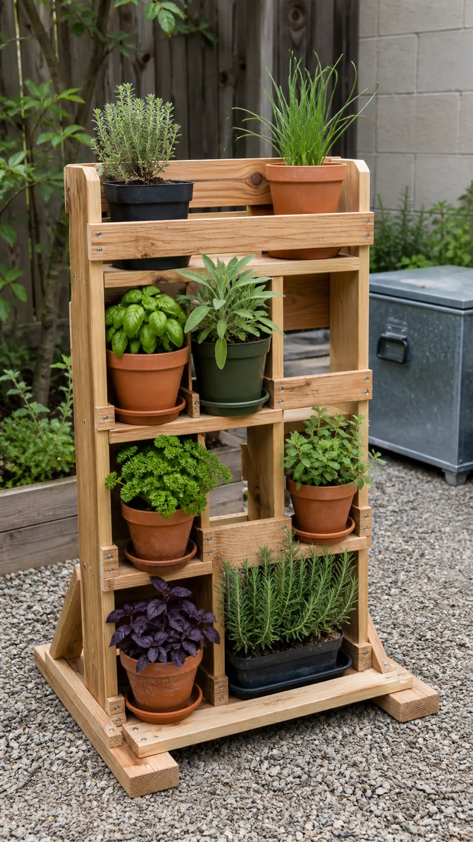Freestanding timber rack holding removable herb pots