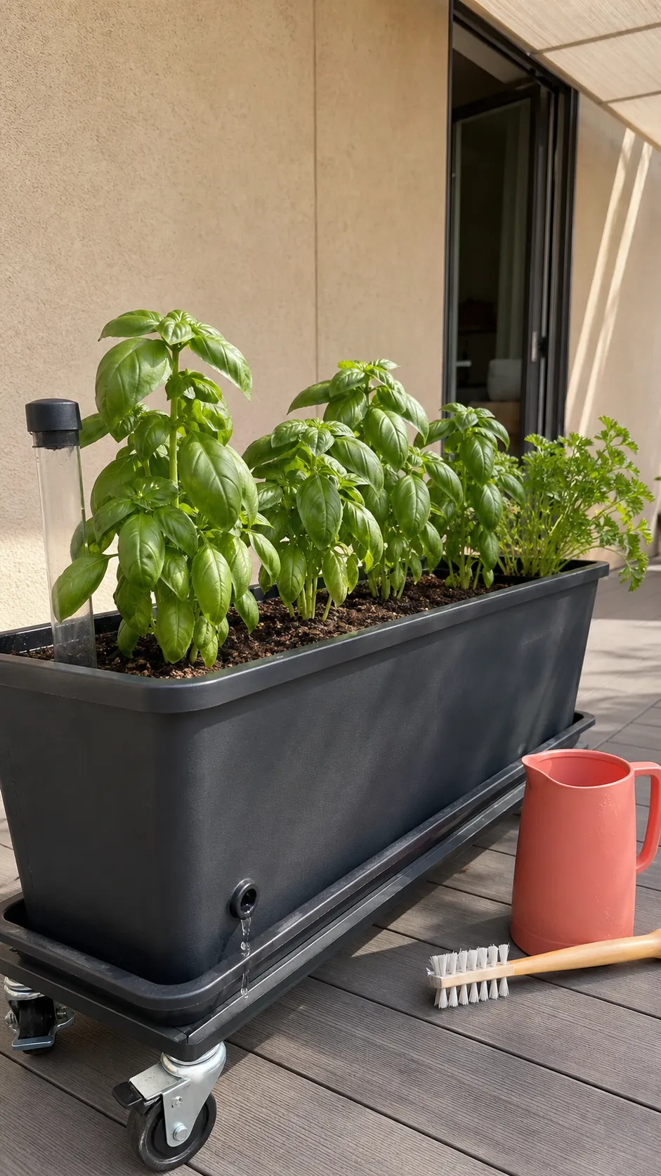 Basil growing in a sub-irrigated planter with overflow drainage