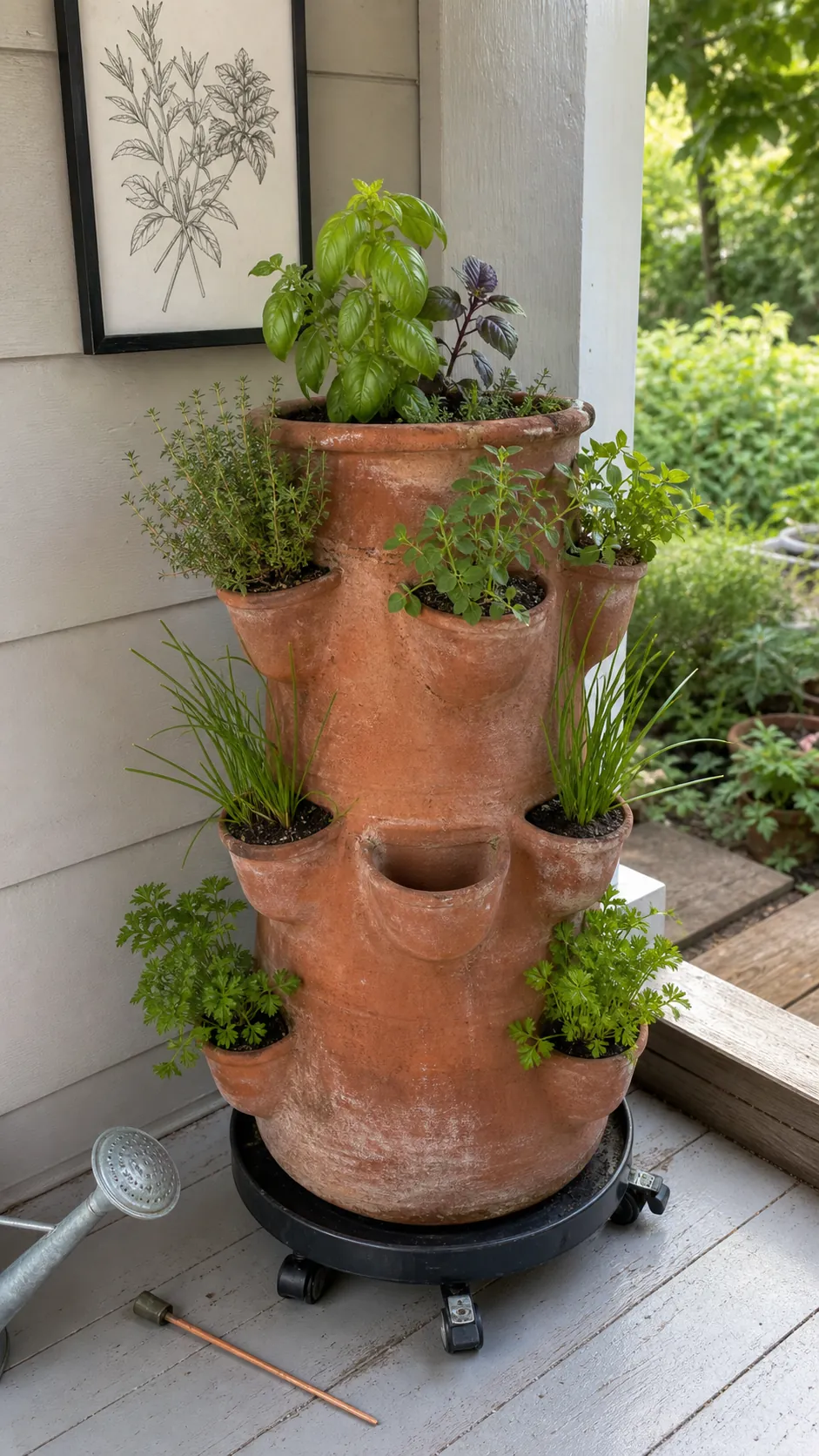 Tall strawberry pot planted with compact culinary herbs