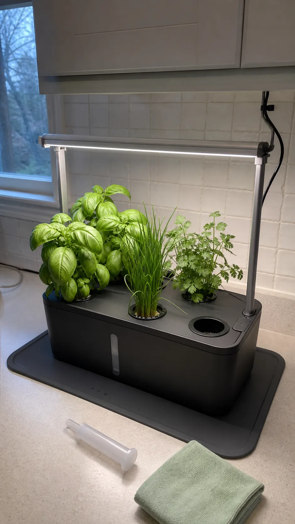 Compact countertop hydroponic station growing basil in an opaque reservoir