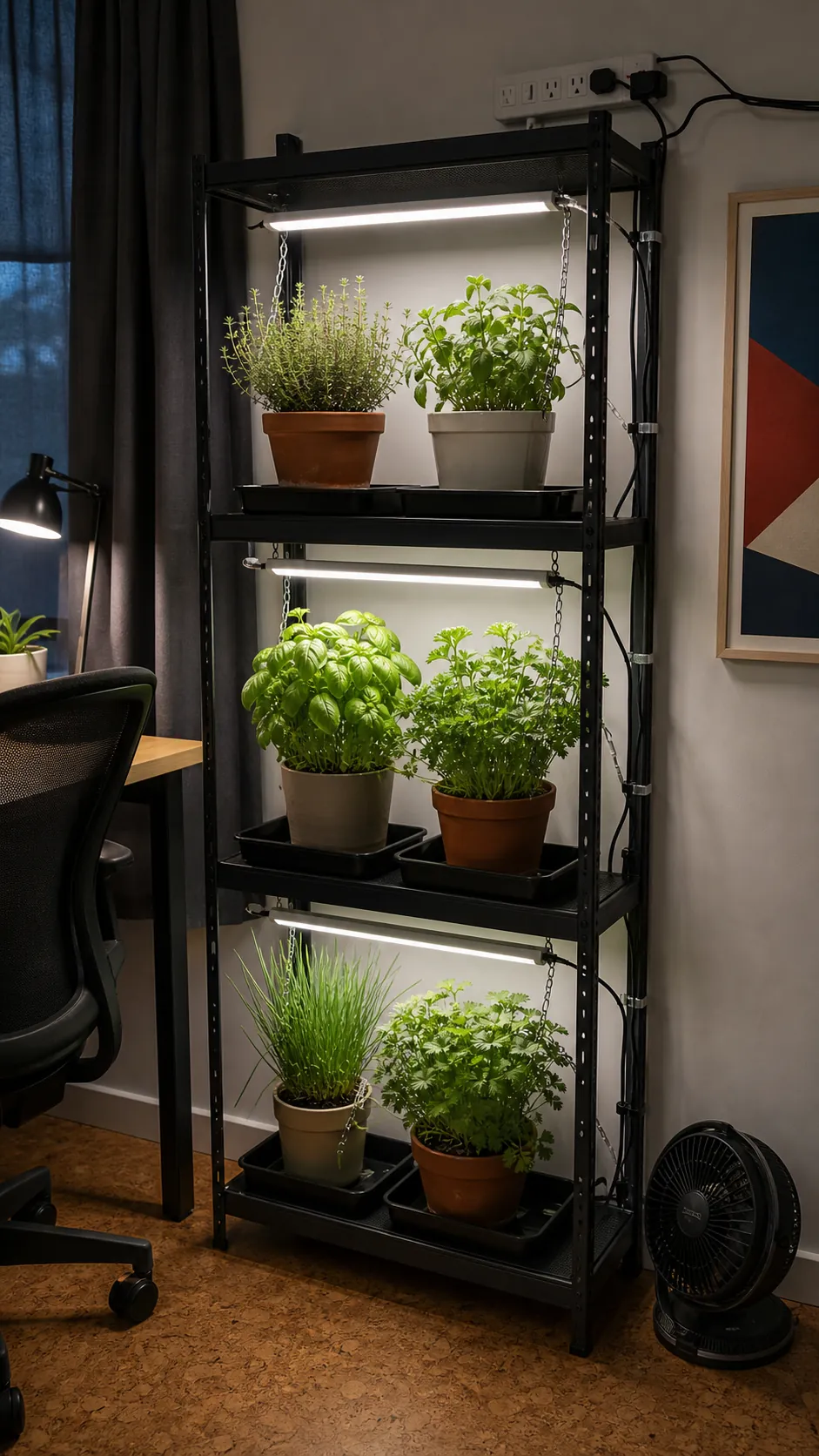 Safe indoor grow-light shelf with separately potted herbs