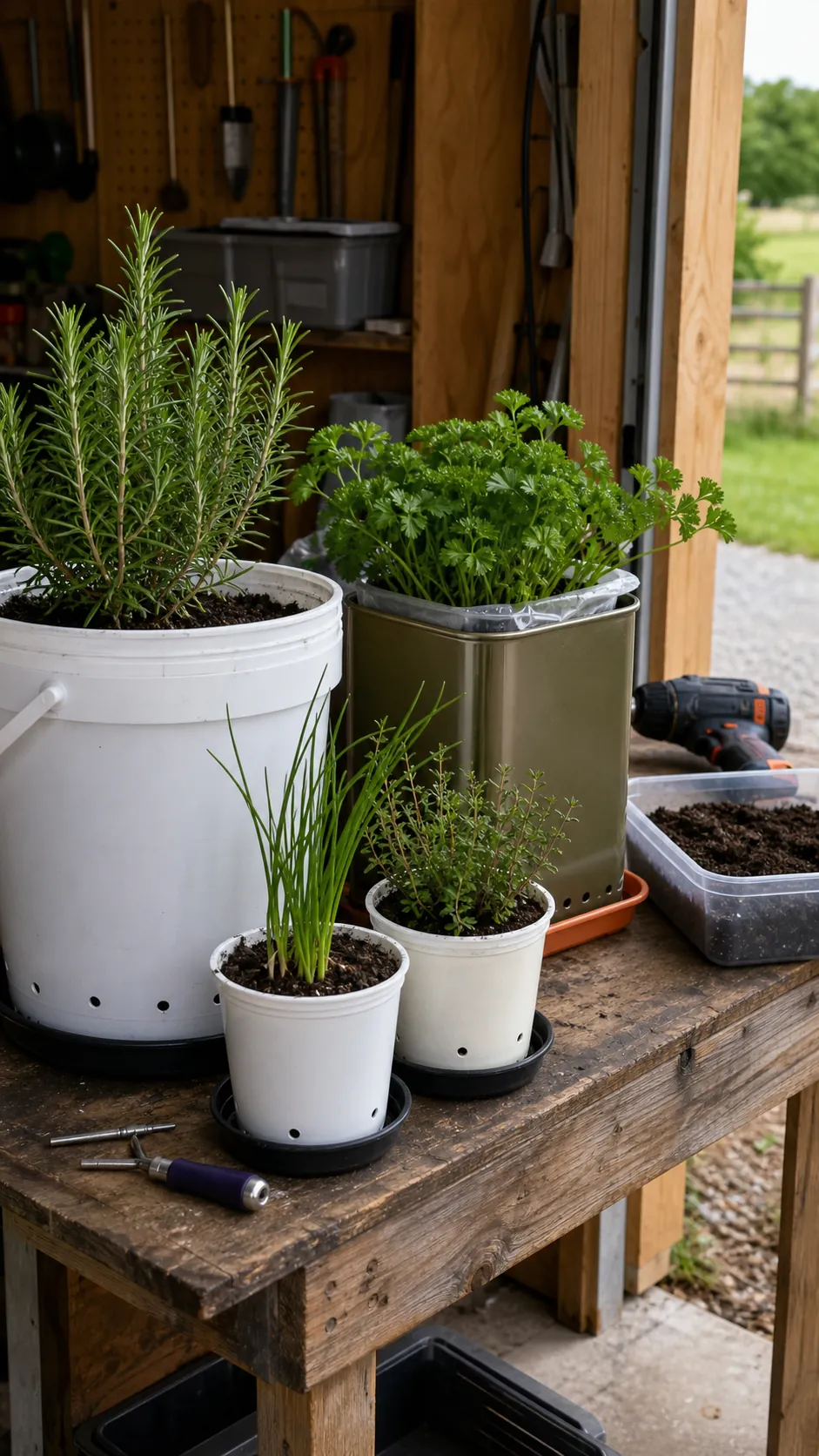 Clean food-safe upcycled containers prepared as draining herb pots
