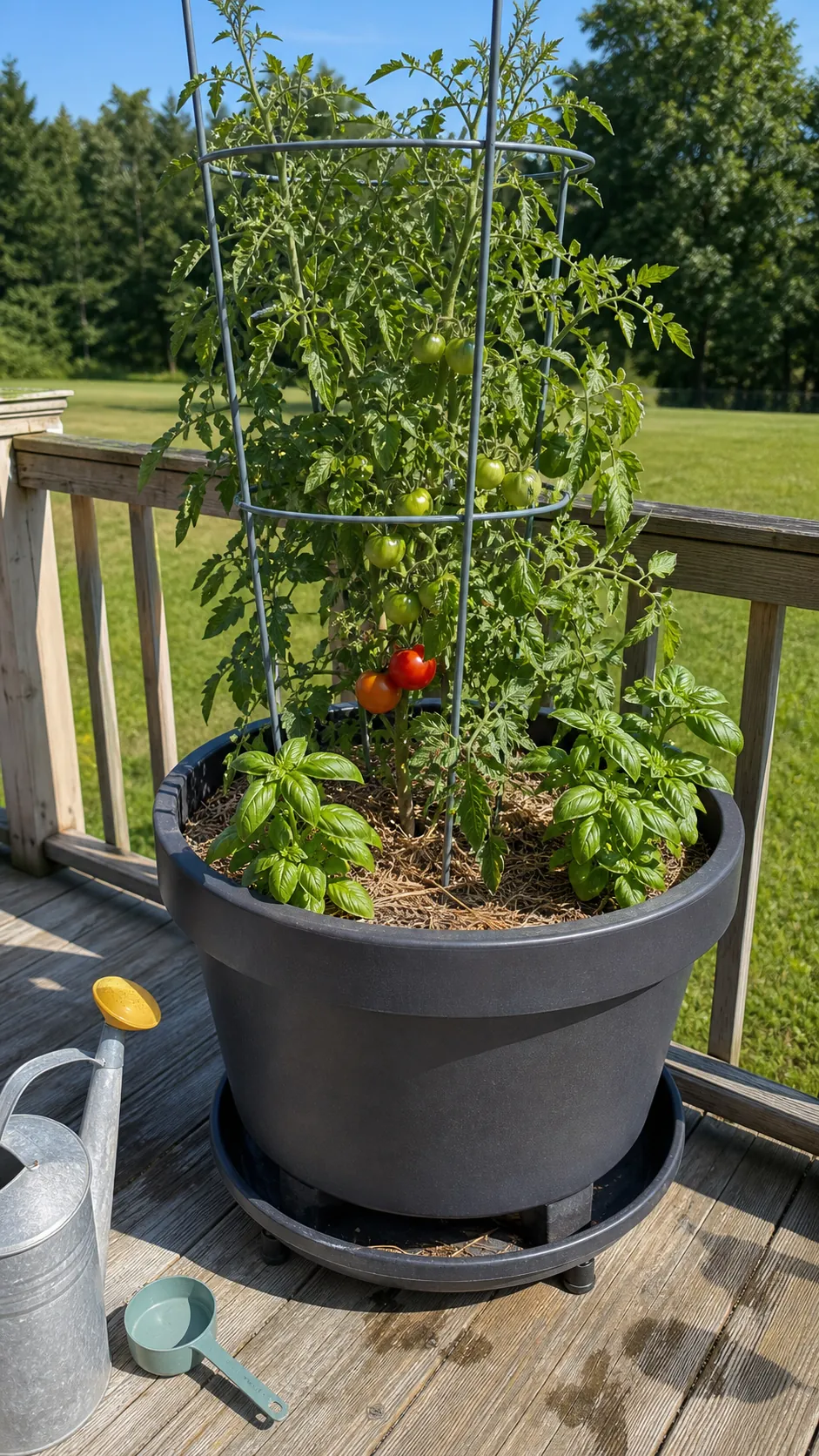 Basil and a supported compact tomato sharing a large container