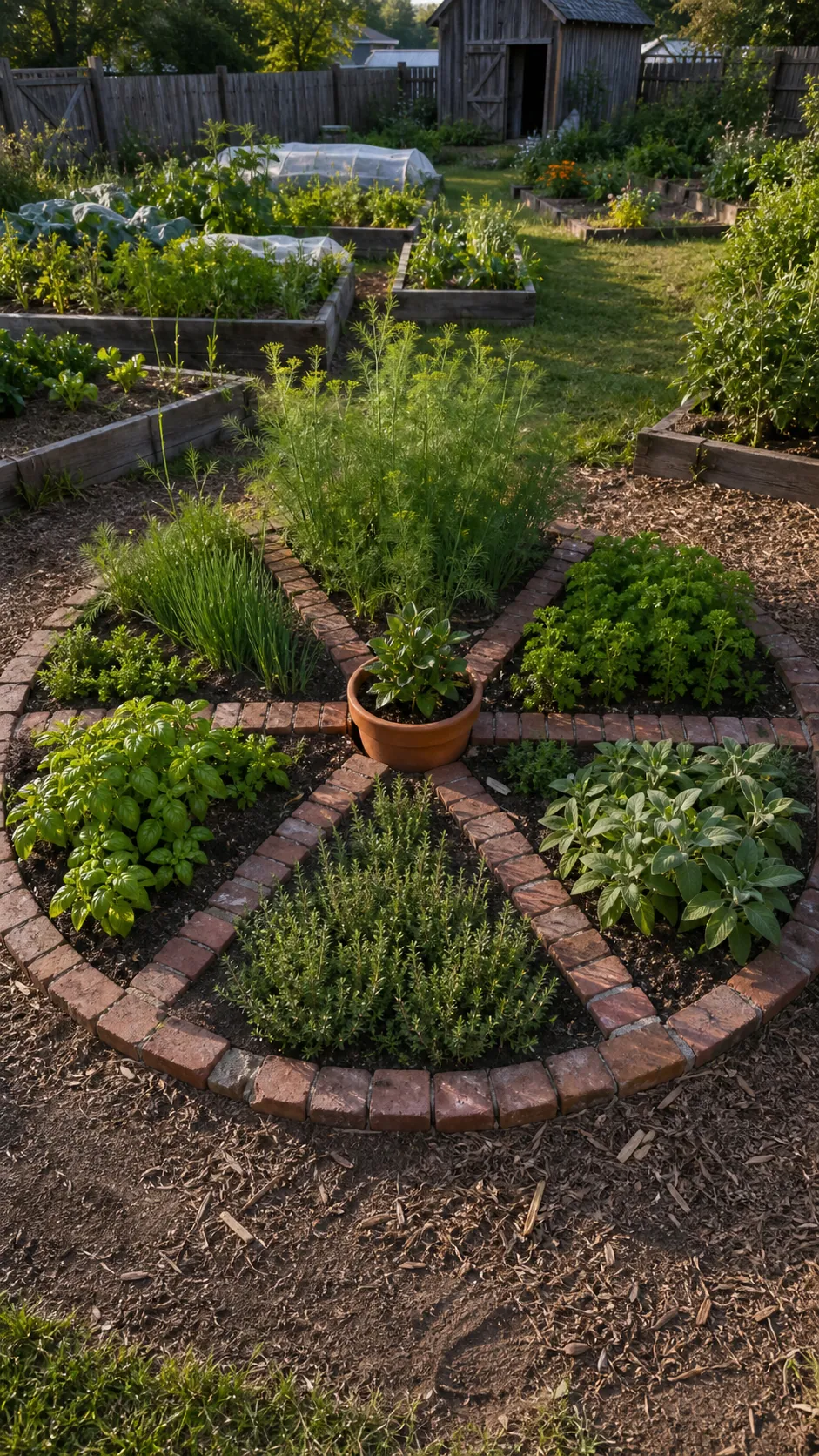 Reachable circular herb wheel divided by narrow brick paths