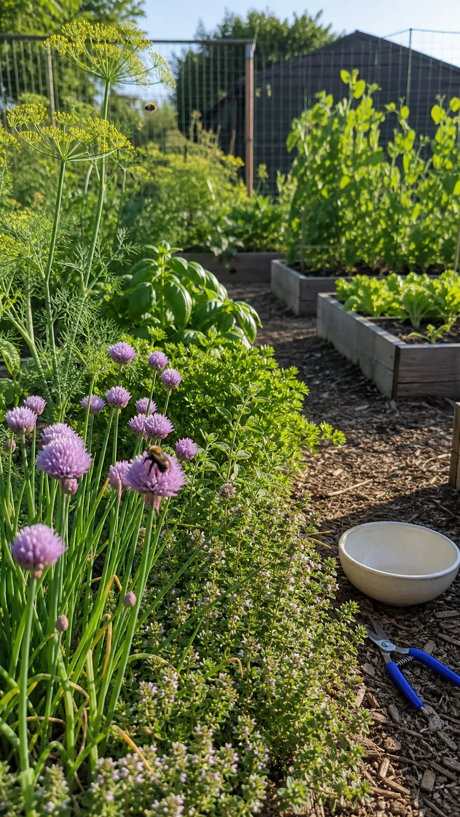 Flowering chives thyme and dill edging a vegetable garden