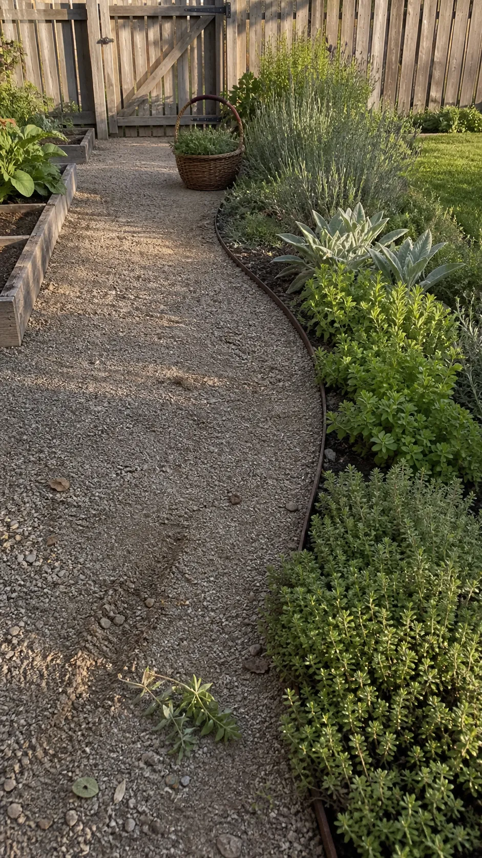 Low fragrant herbs edging a clear and accessible garden path