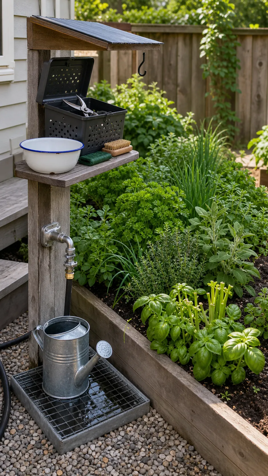 Practical herb harvest station beside a reachable garden bed