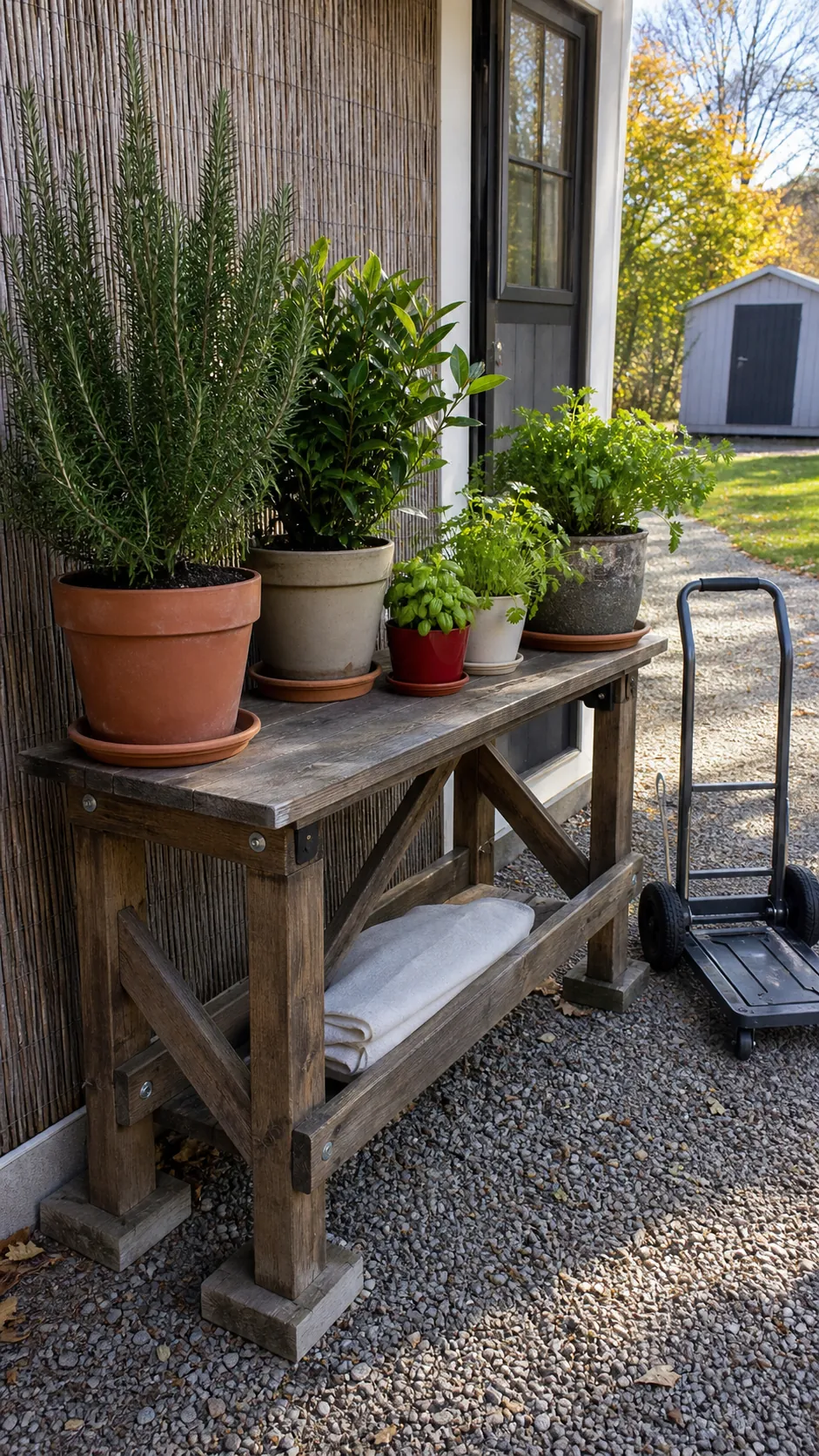 Seasonal potted herbs arranged on a sturdy movable bench