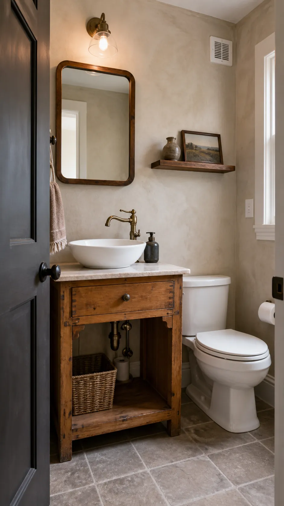 Rustic half bathroom with an antique pine washstand vanity and white vessel sink