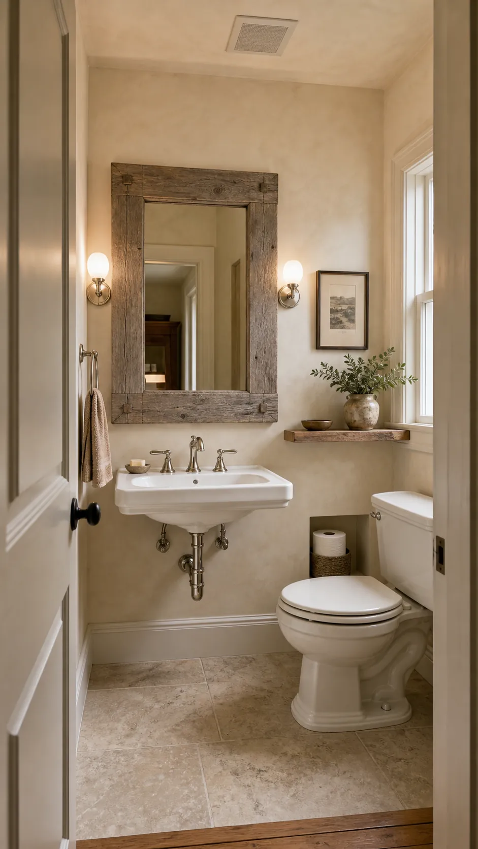 Small rustic powder room with a thick weathered oak mirror frame