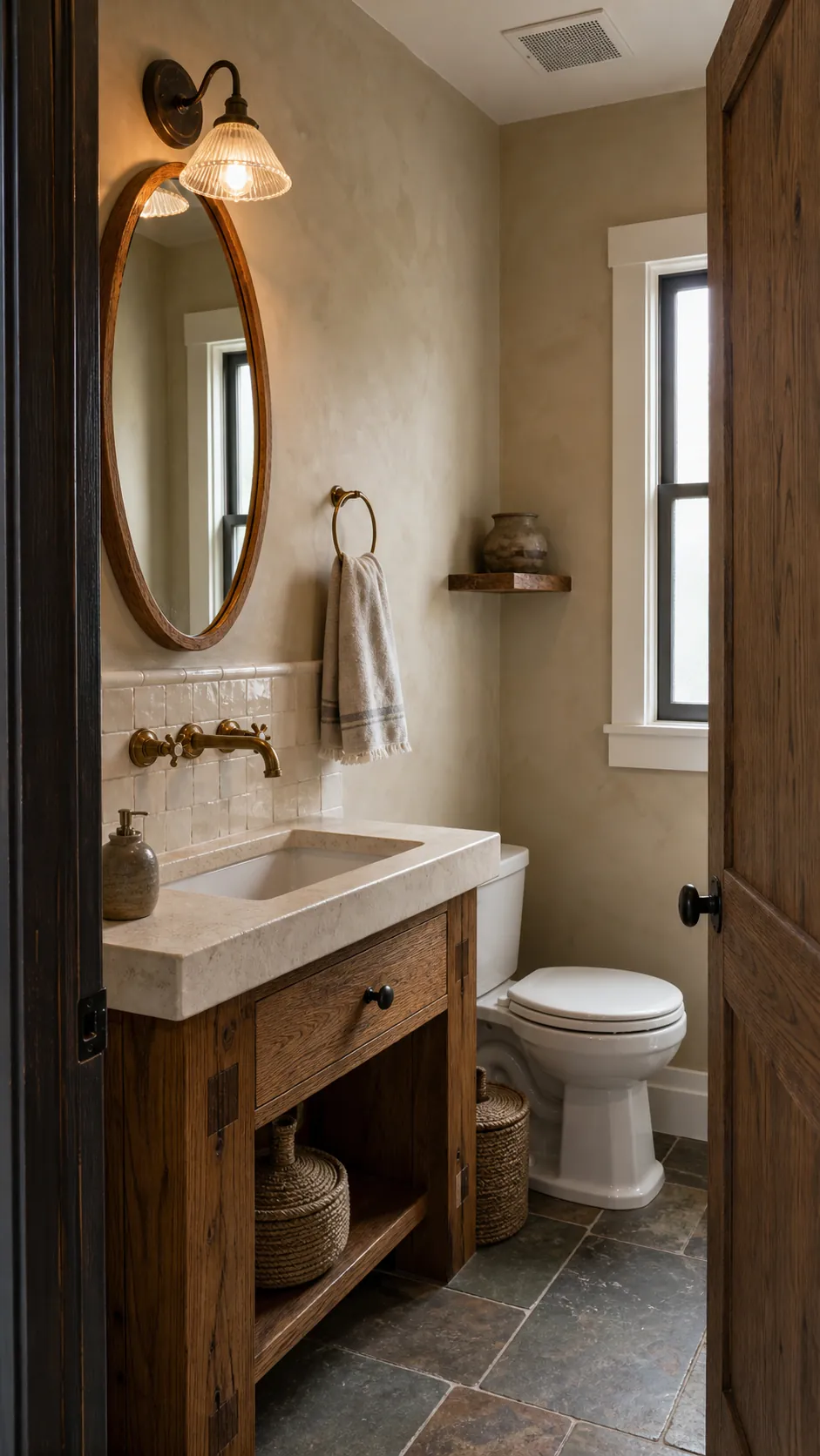 Warm rustic half bathroom with an oak vanity, limewash walls, and aged brass fixtures